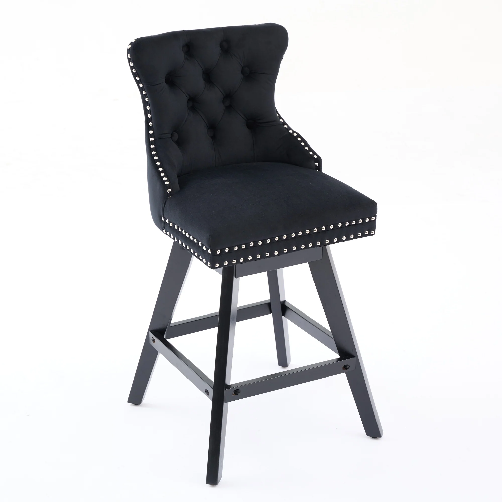 Swivel Velvet Barstools Button Tufted Wooden Legs Set of 2 - Black - Image 4