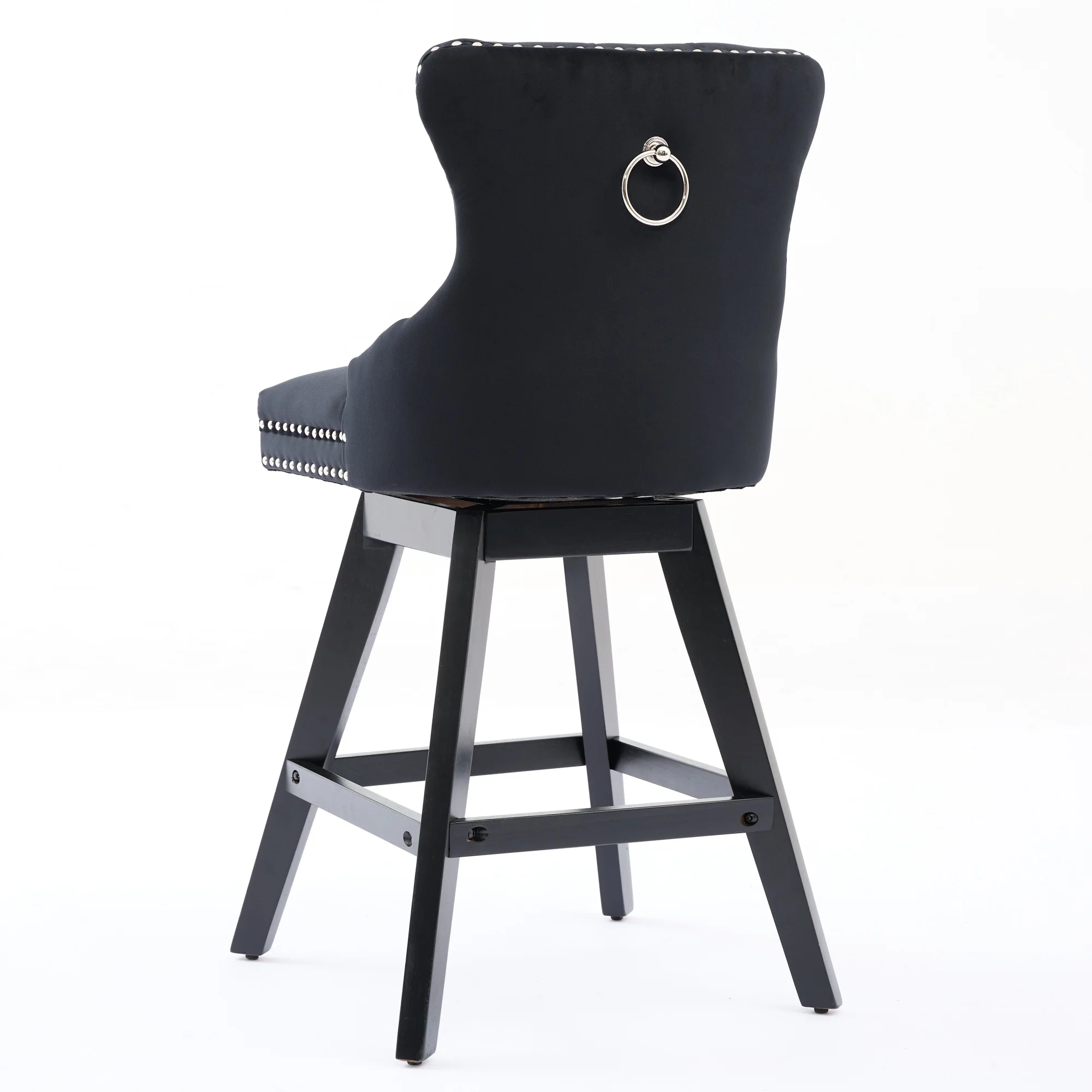 Swivel Velvet Barstools Button Tufted Wooden Legs Set of 2 - Black - Image 7