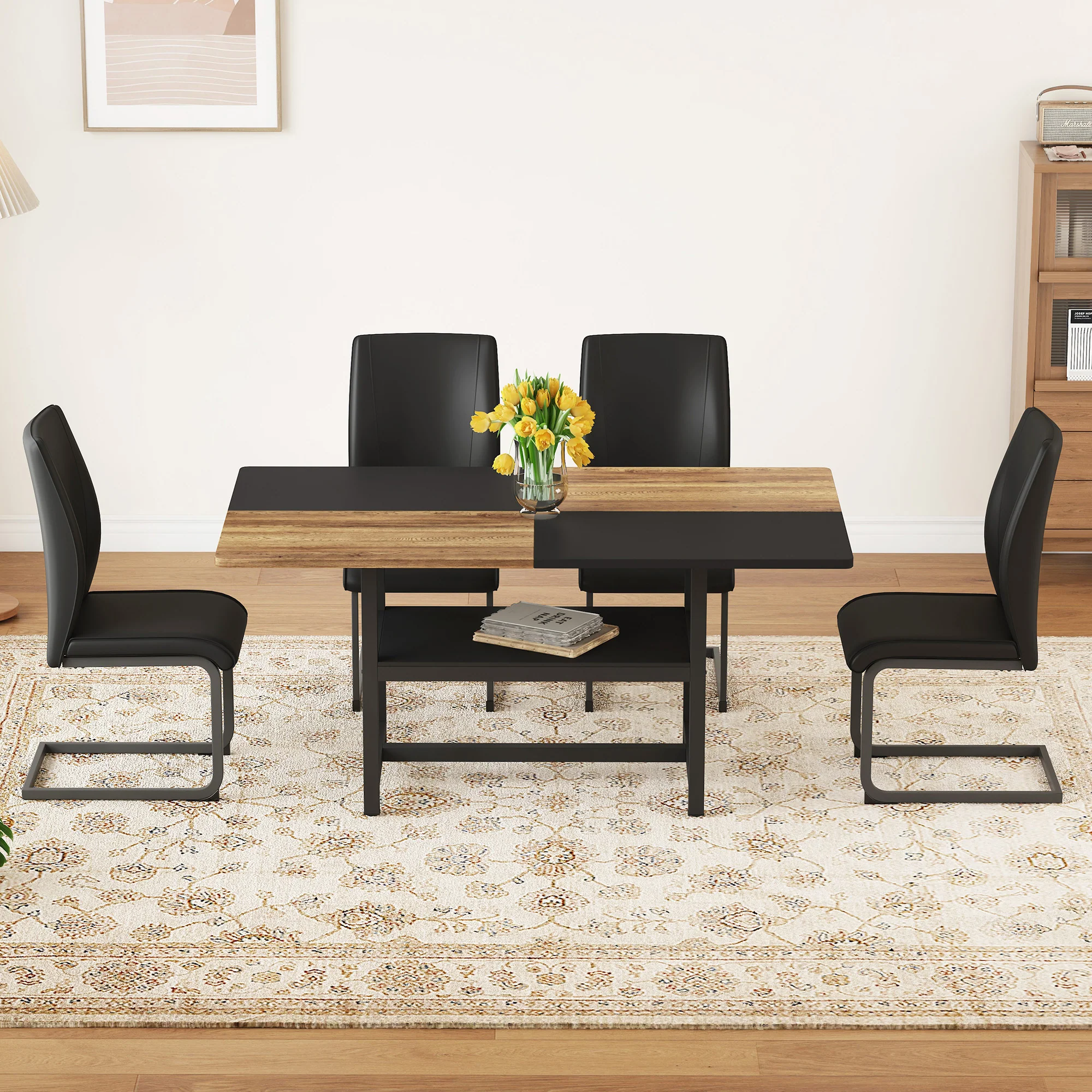 Table Set Rectangular 160x90cm Storage Shelf 4 Armchairs - Black Faux Leather