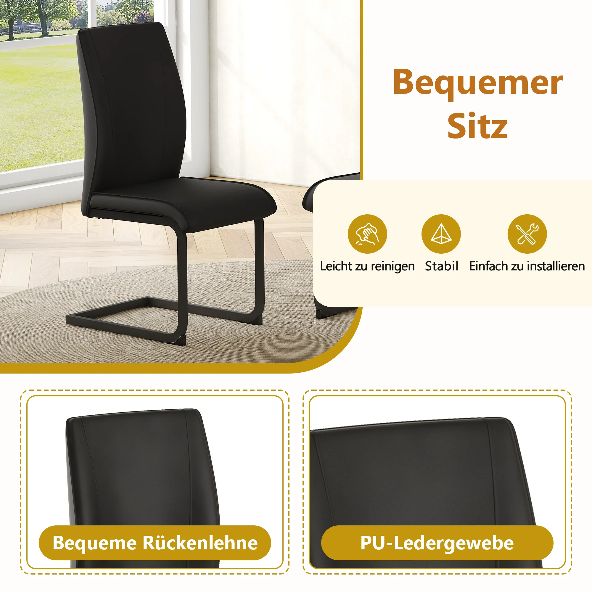 Table Set Rectangular 160x90cm Storage Shelf 4 Armchairs - Black Faux Leather - Image 10