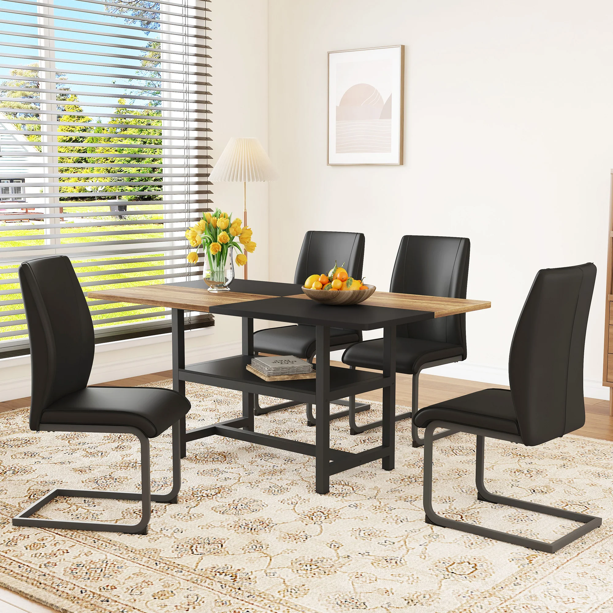 Table Set Rectangular 160x90cm Storage Shelf 4 Armchairs - Black Faux Leather - Image 2