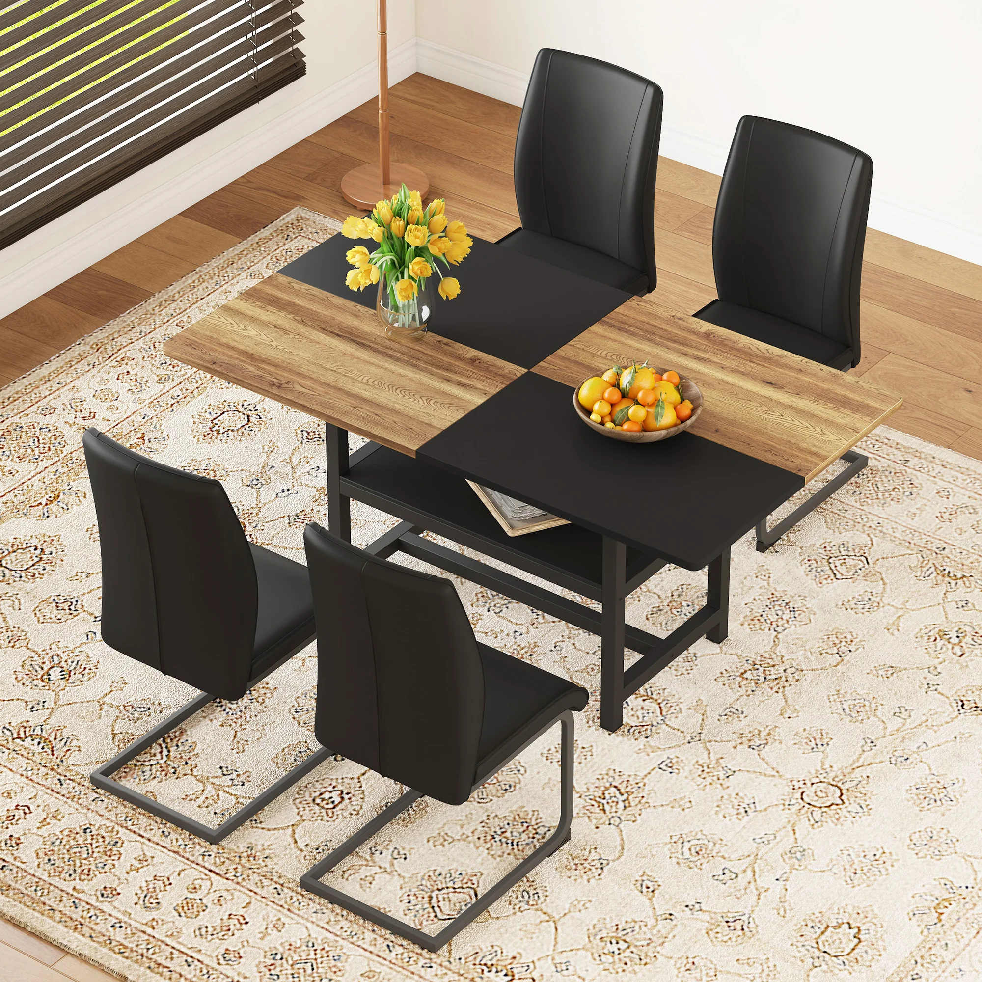 Table Set Rectangular 160x90cm Storage Shelf 4 Armchairs - Black Faux Leather - Image 3