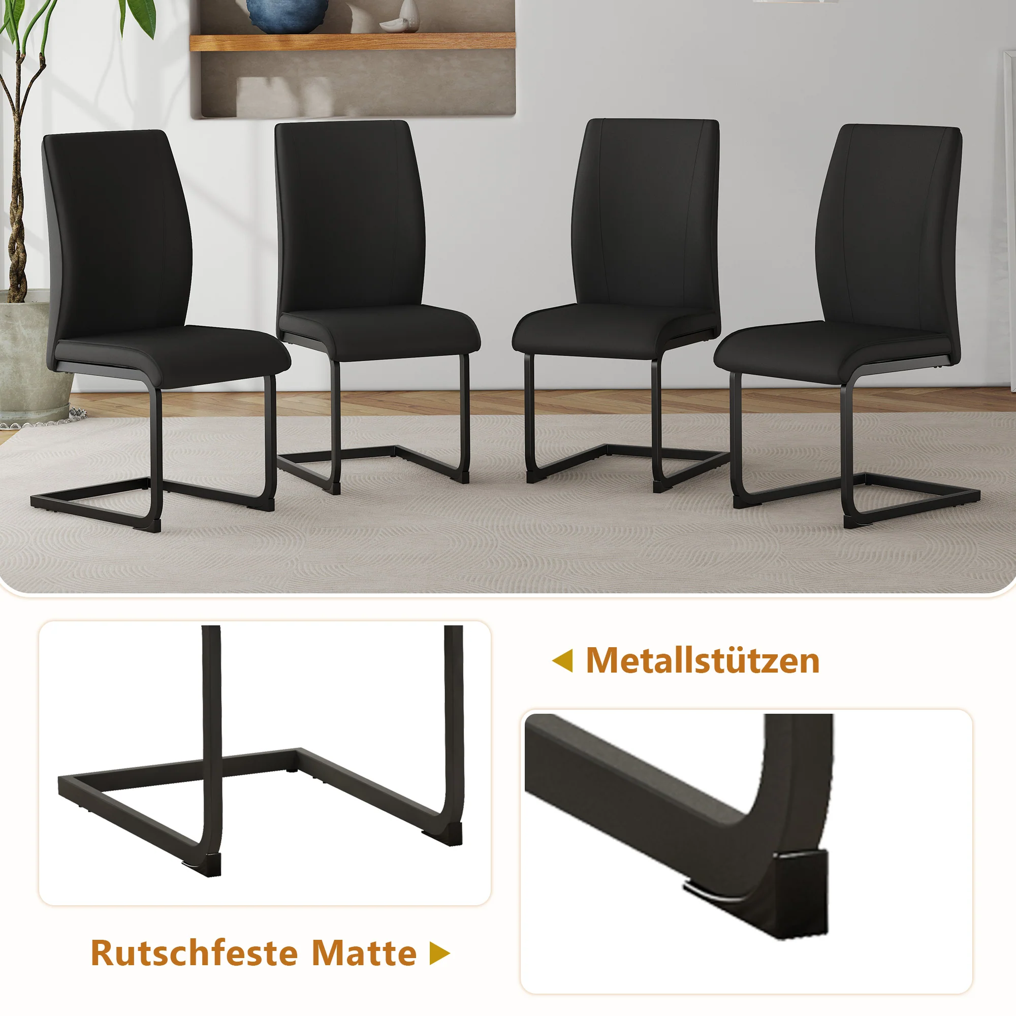 Table Set Rectangular 160x90cm Storage Shelf 4 Armchairs - Black Faux Leather - Image 8