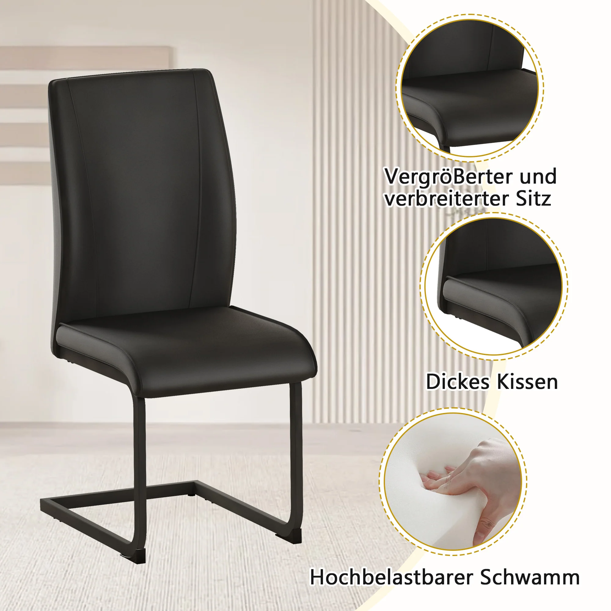Table Set Rectangular 160x90cm Storage Shelf 4 Armchairs - Black Faux Leather - Image 9