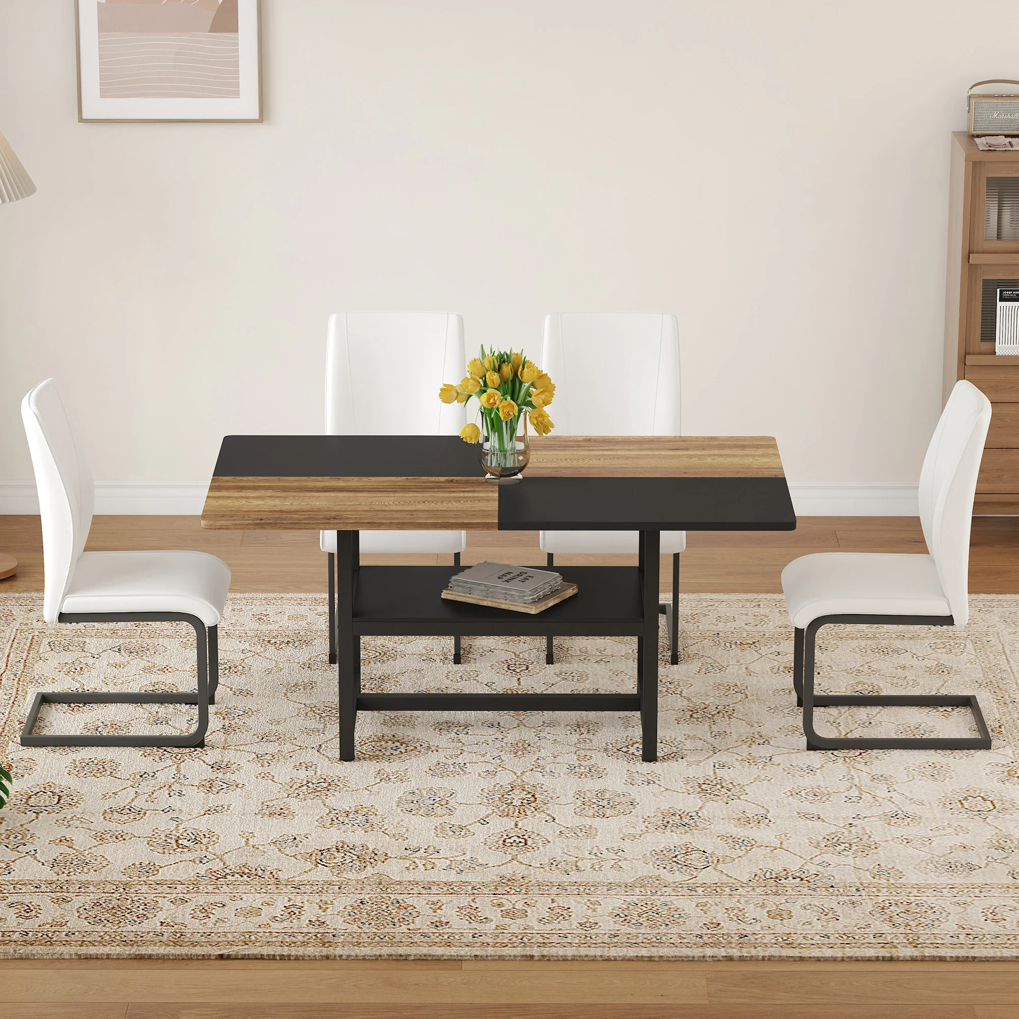 Table Set Rectangular Dining Table Storage Shelf 4 Armchairs Faux Leather White - Image 2