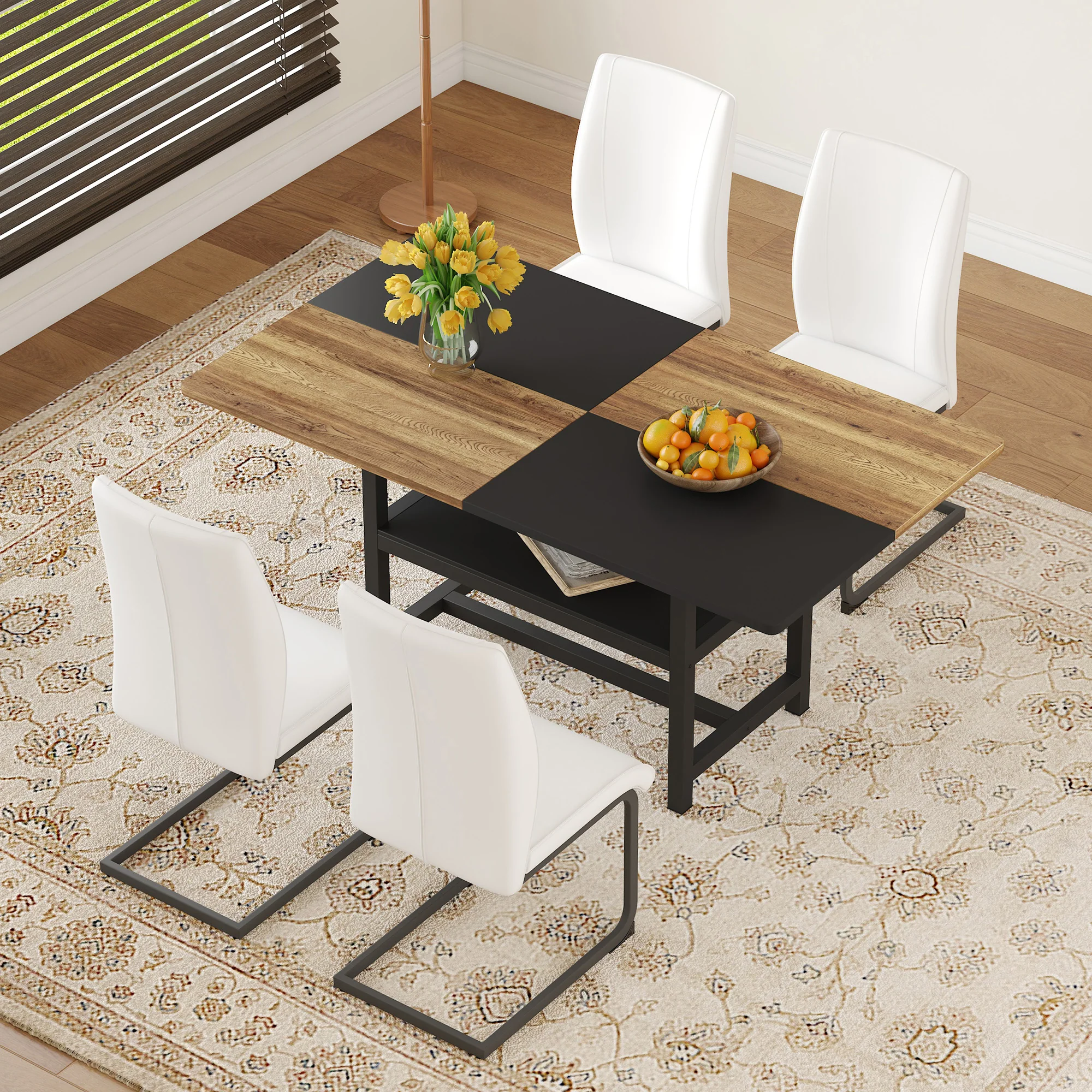 Table Set Rectangular Dining Table Storage Shelf 4 Armchairs Faux Leather White - Image 3