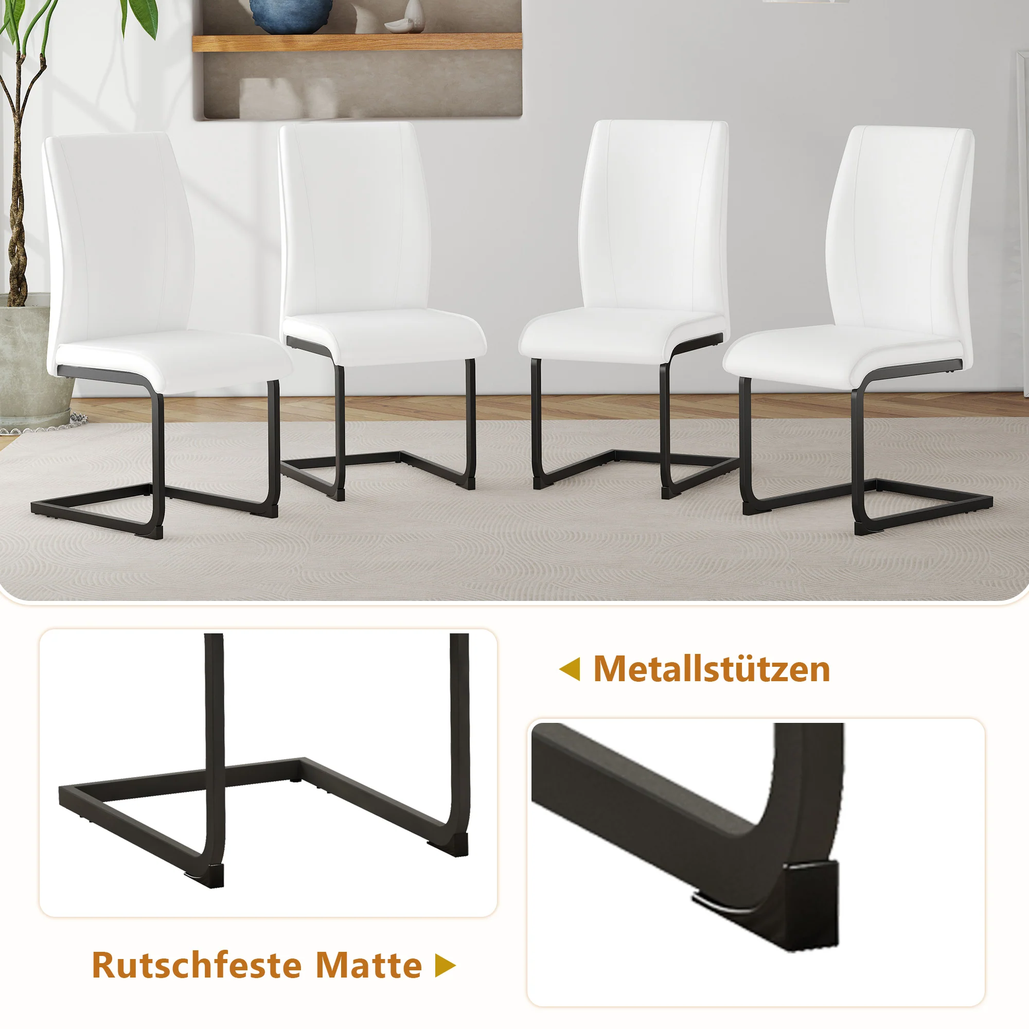 Table Set Rectangular Dining Table Storage Shelf 4 Armchairs Faux Leather White - Image 8