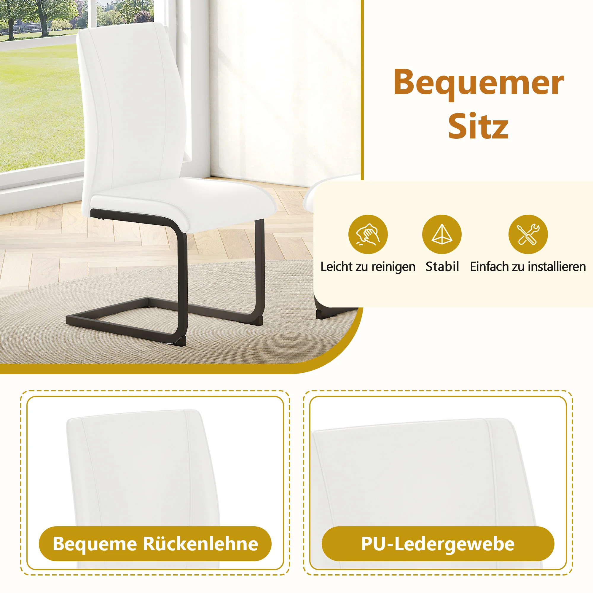 Table Set Rectangular Dining Table Storage Shelf 4 Armchairs Faux Leather White - Image 9