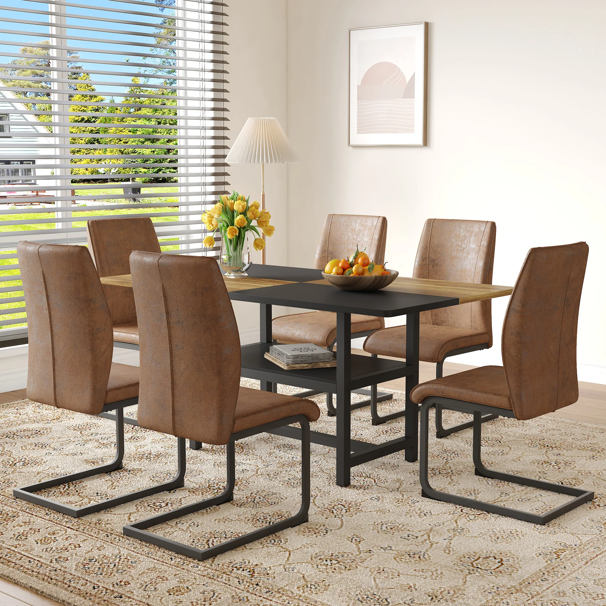 Table Set Rectangular Dining Table with Shelf & 6 Armchairs 160x90x76cm - Brown Tech Fabric - Image 2