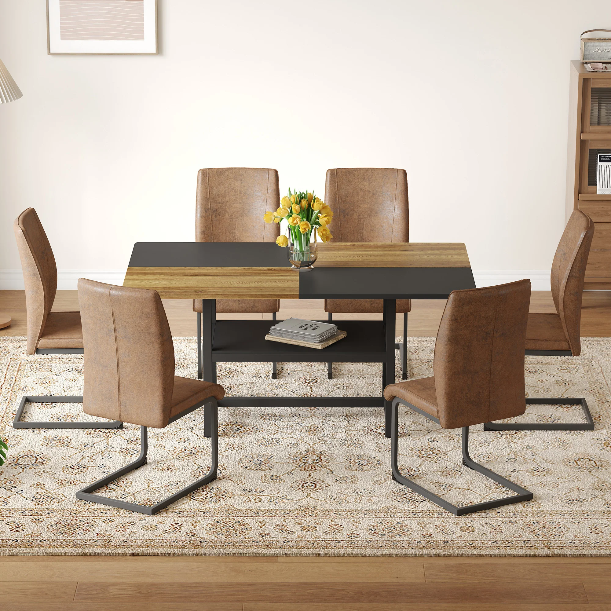 Table Set Rectangular Dining Table with Shelf & 6 Armchairs 160x90x76cm - Brown Tech Fabric - Image 3