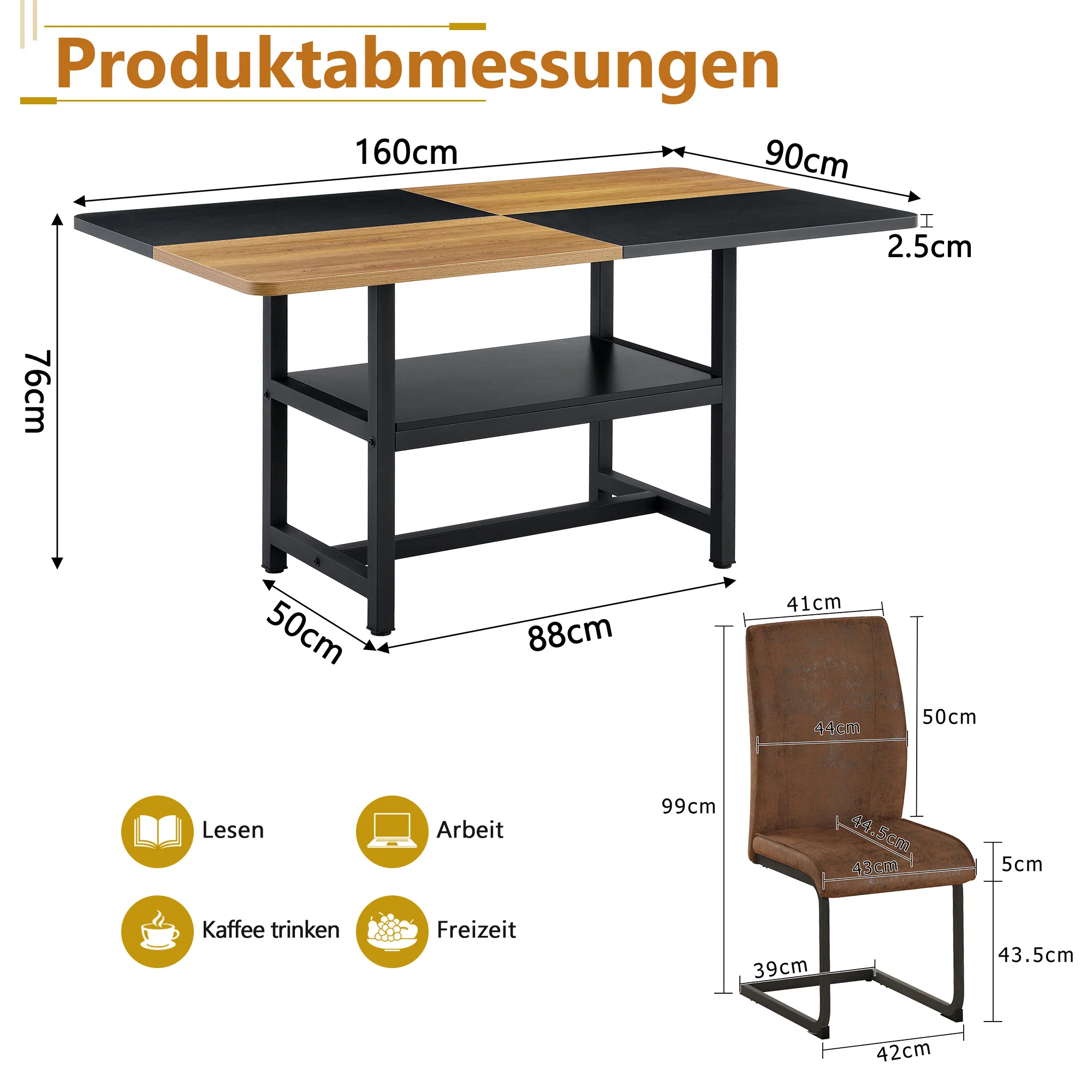 Table Set Rectangular Dining Table with Shelf & 6 Armchairs 160x90x76cm - Brown Tech Fabric - Image 4