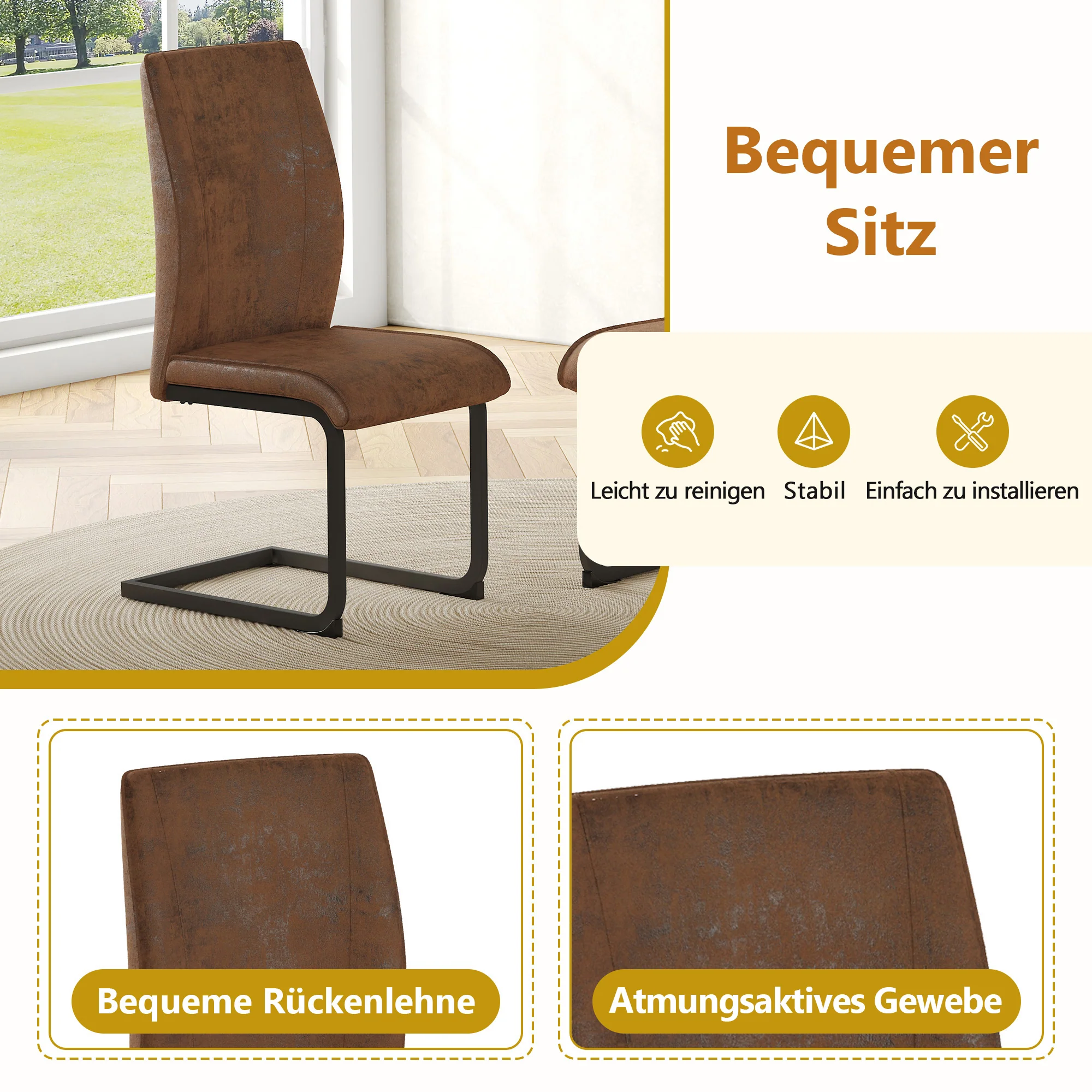 Table Set Rectangular Dining Table with Shelf & 6 Armchairs 160x90x76cm - Brown Tech Fabric - Image 5