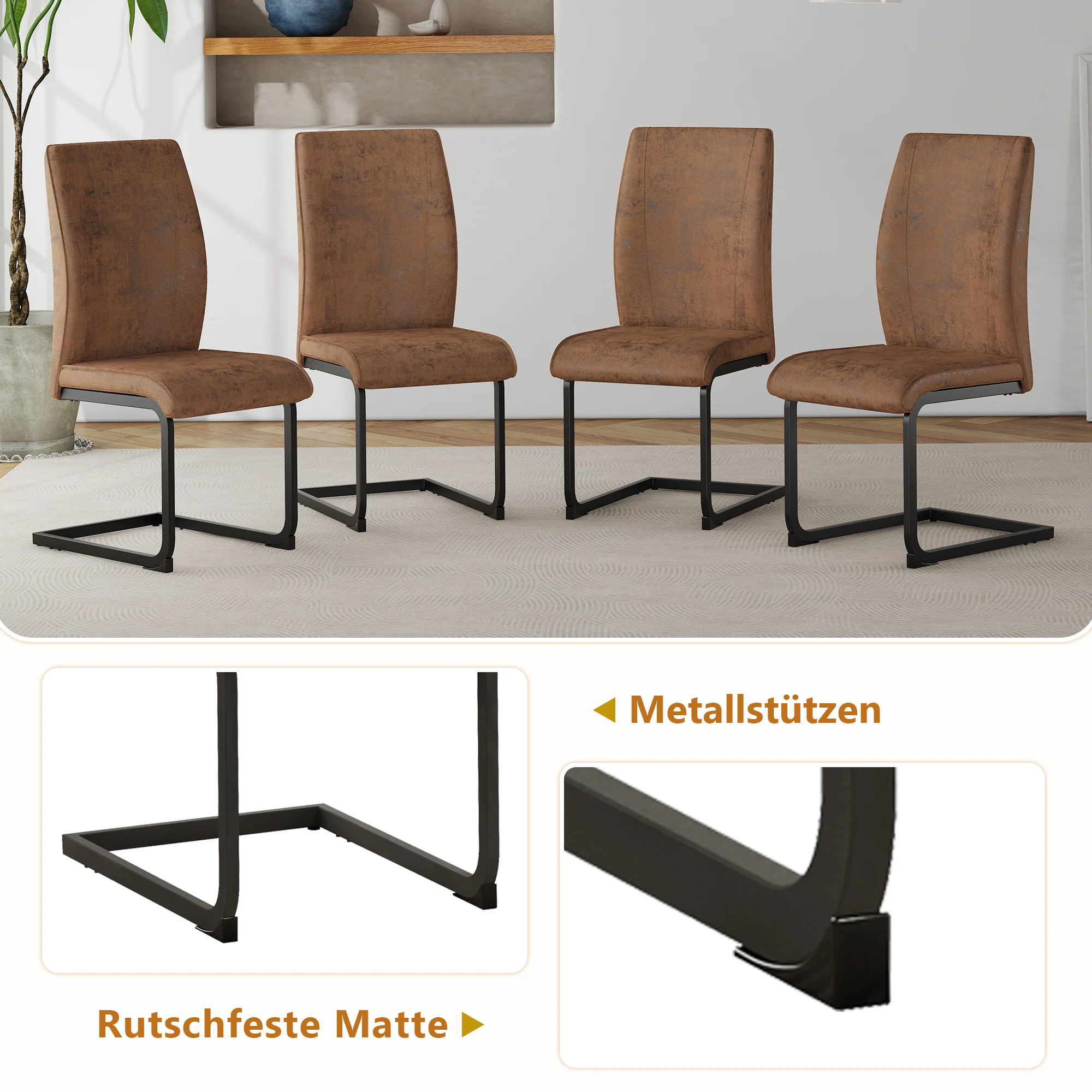 Table Set Rectangular Dining Table with Shelf & 6 Armchairs 160x90x76cm - Brown Tech Fabric - Image 6