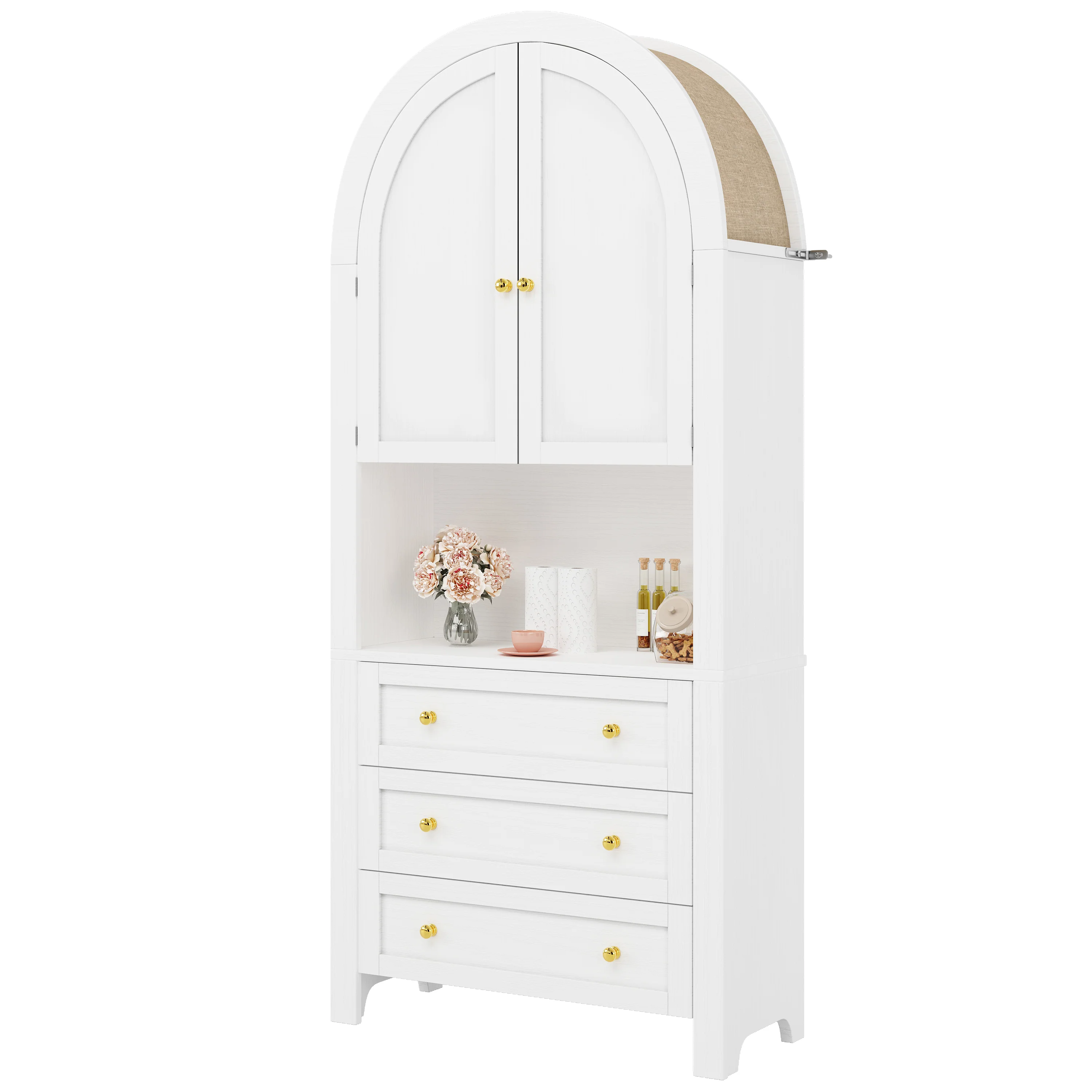 Tall Arched Storage Cabinet Drawers Doors Shelves - White - Image 10