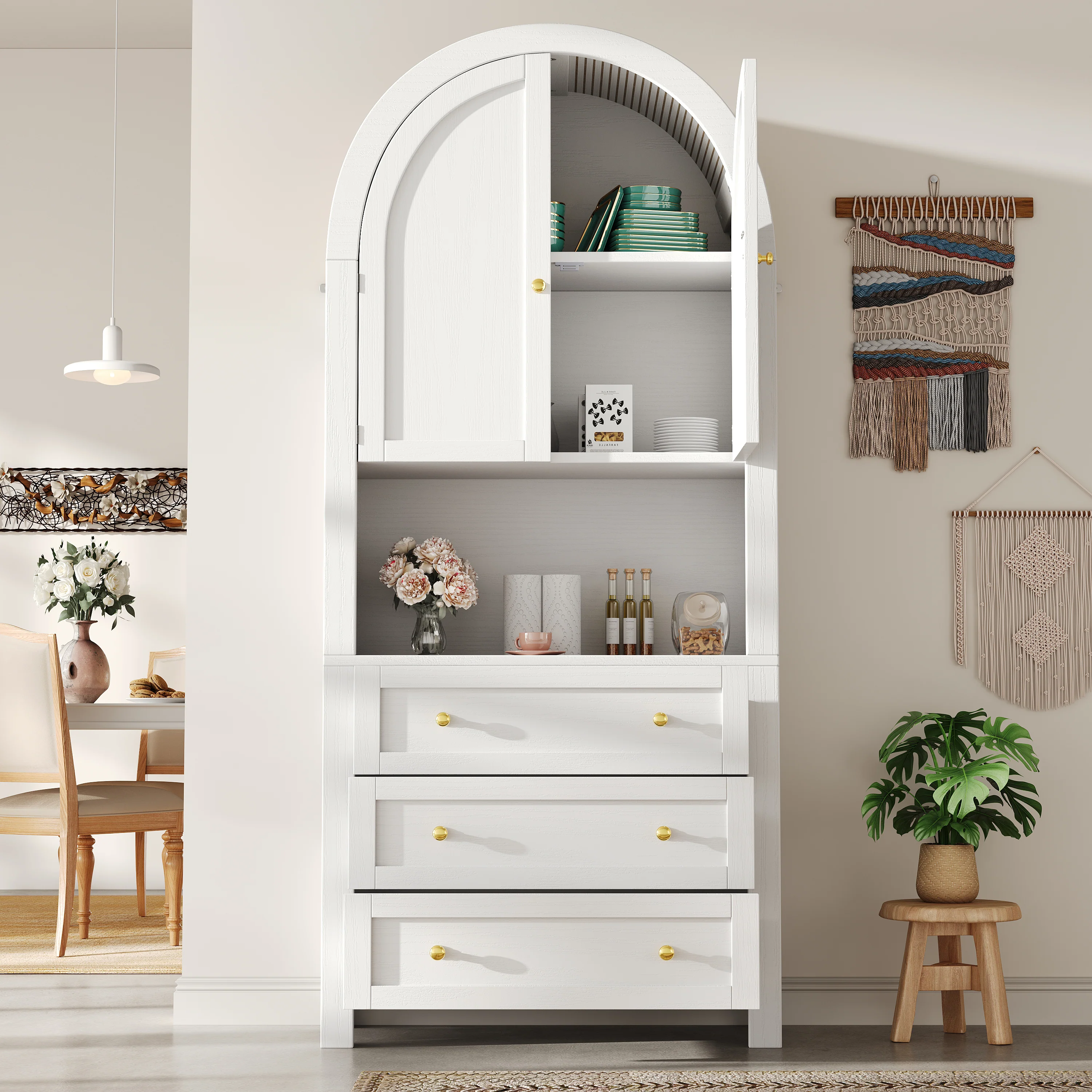 Tall Arched Storage Cabinet Drawers Doors Shelves - White - Image 2