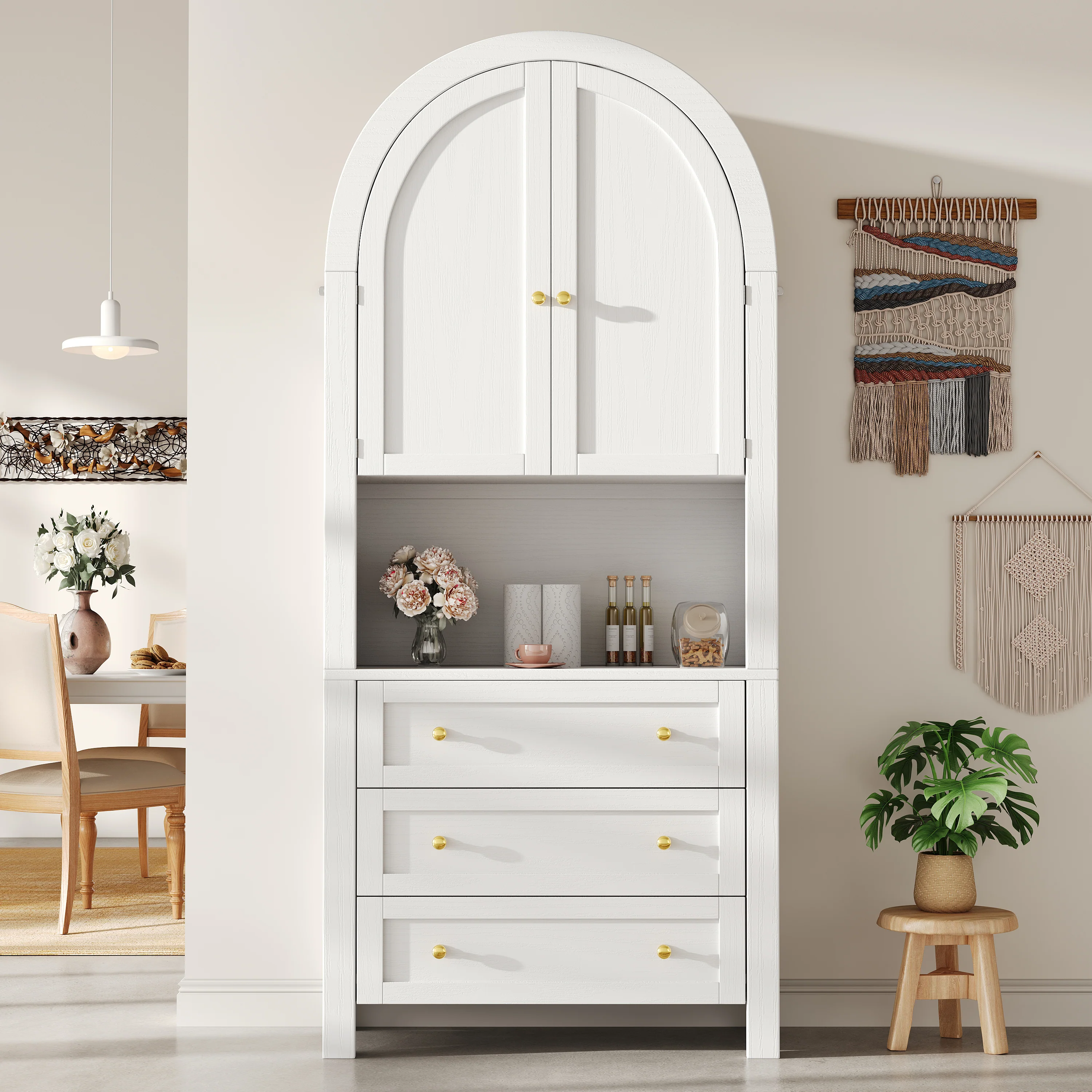 Tall Arched Storage Cabinet Drawers Doors Shelves - White - Image 3