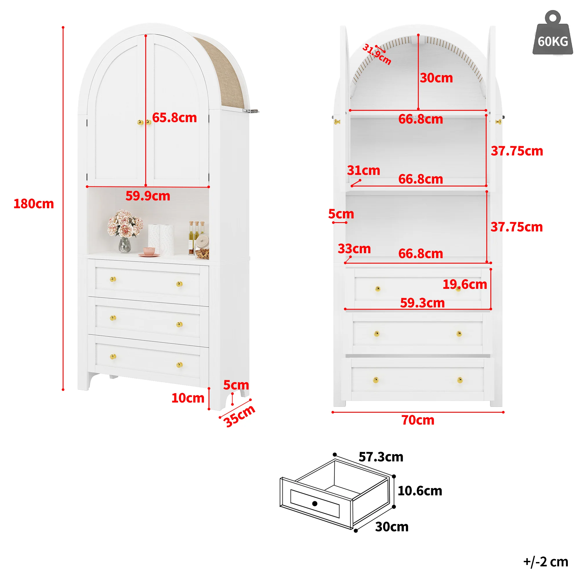 Tall Arched Storage Cabinet Drawers Doors Shelves - White - Image 4