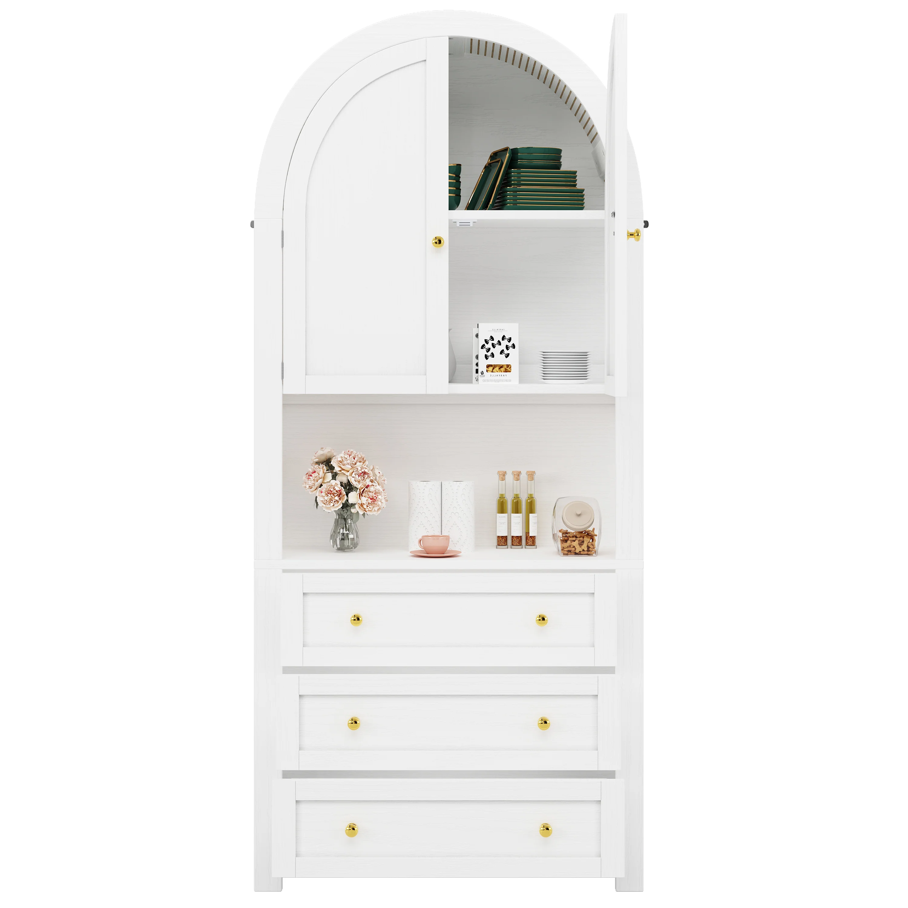 Tall Arched Storage Cabinet Drawers Doors Shelves - White - Image 6