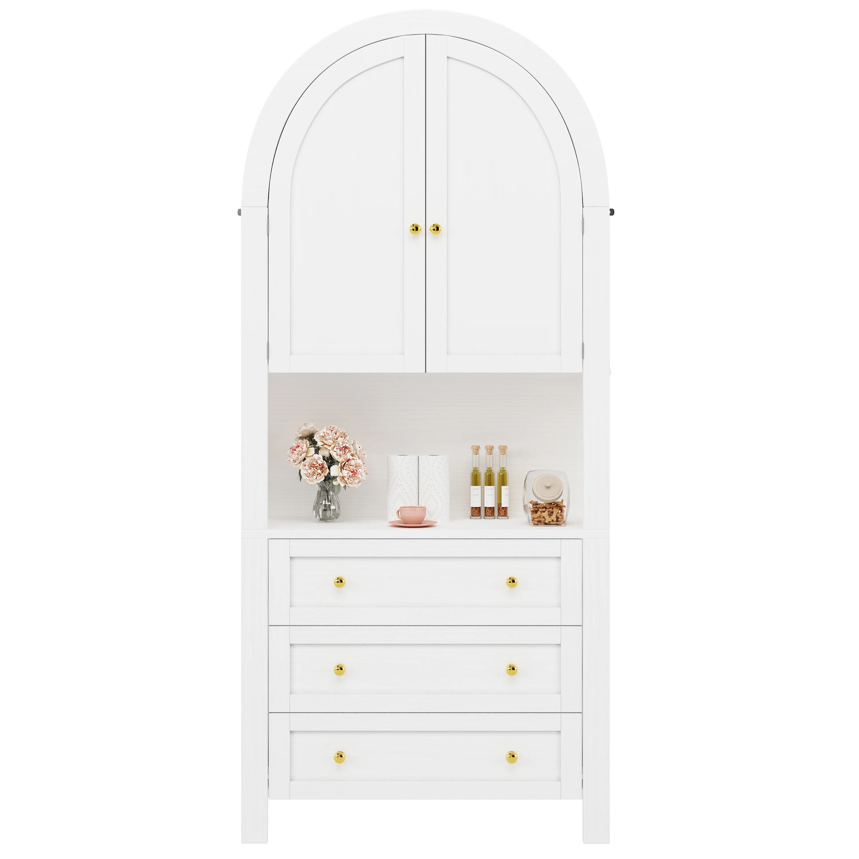 Tall Arched Storage Cabinet Drawers Doors Shelves - White - Image 7
