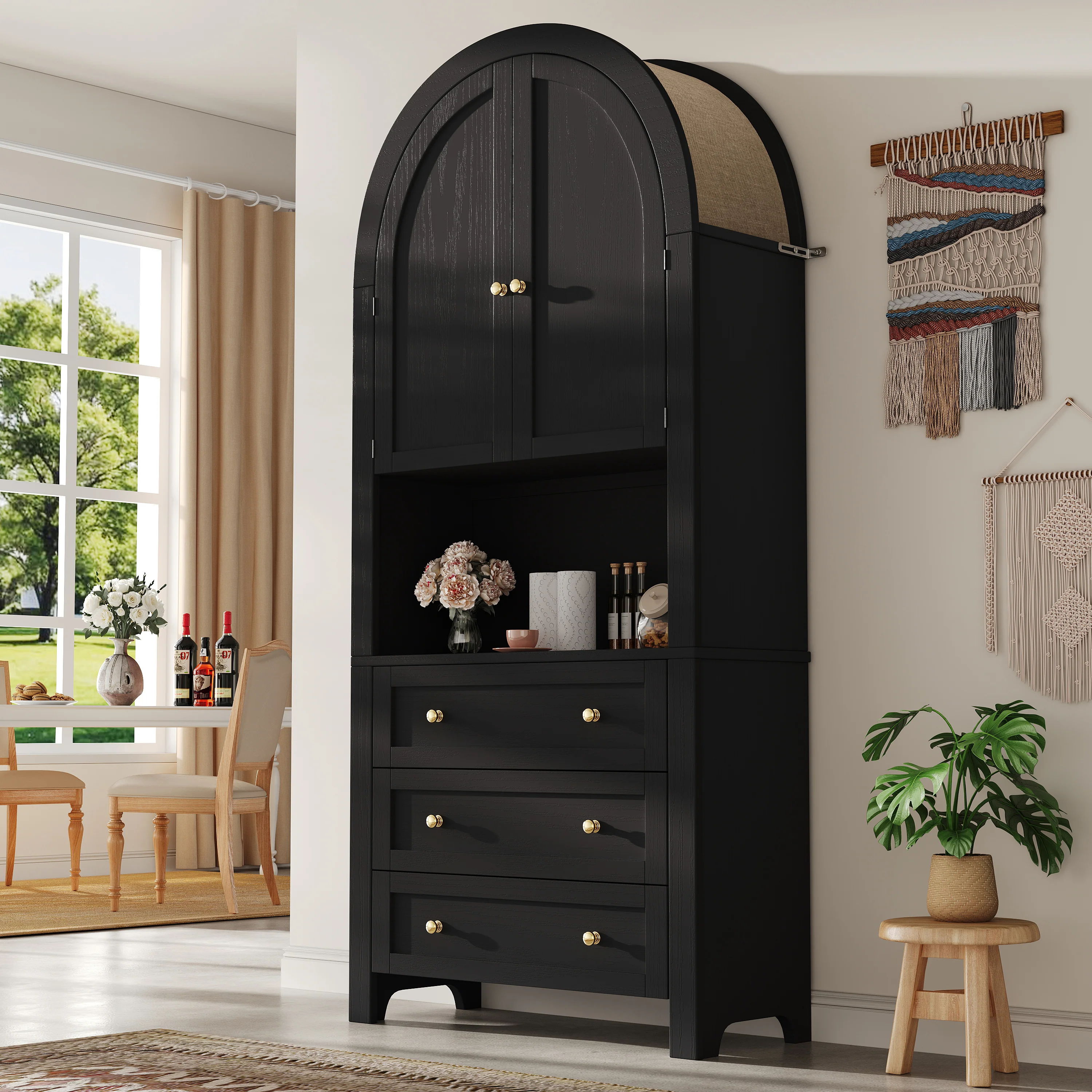 Tall Arched Storage Cabinet with Drawers, Doors & Open Display Area - Black