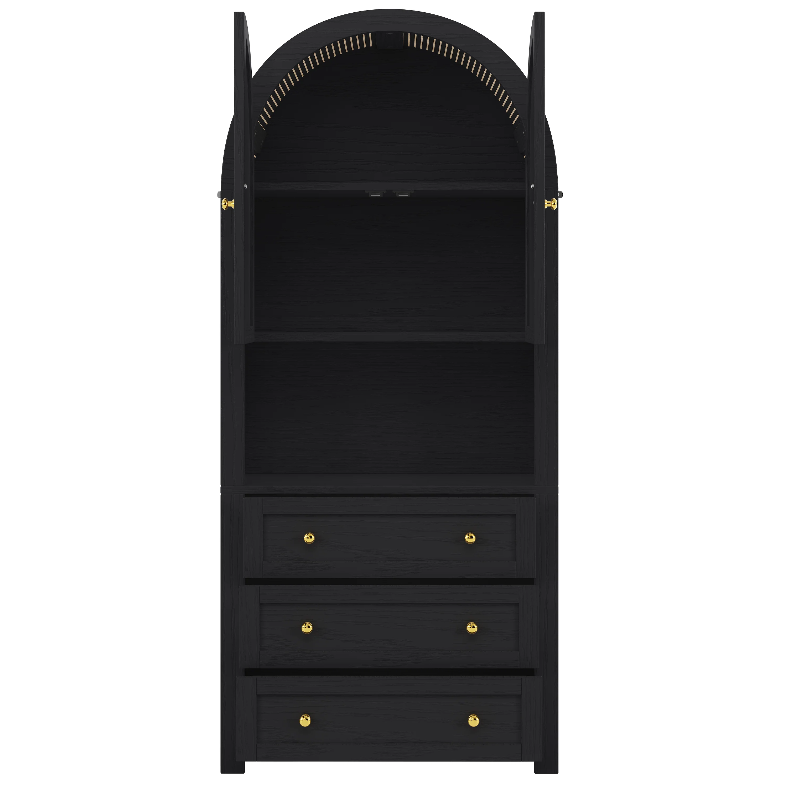 Tall Arched Storage Cabinet with Drawers, Doors & Open Display Area - Black - Image 8