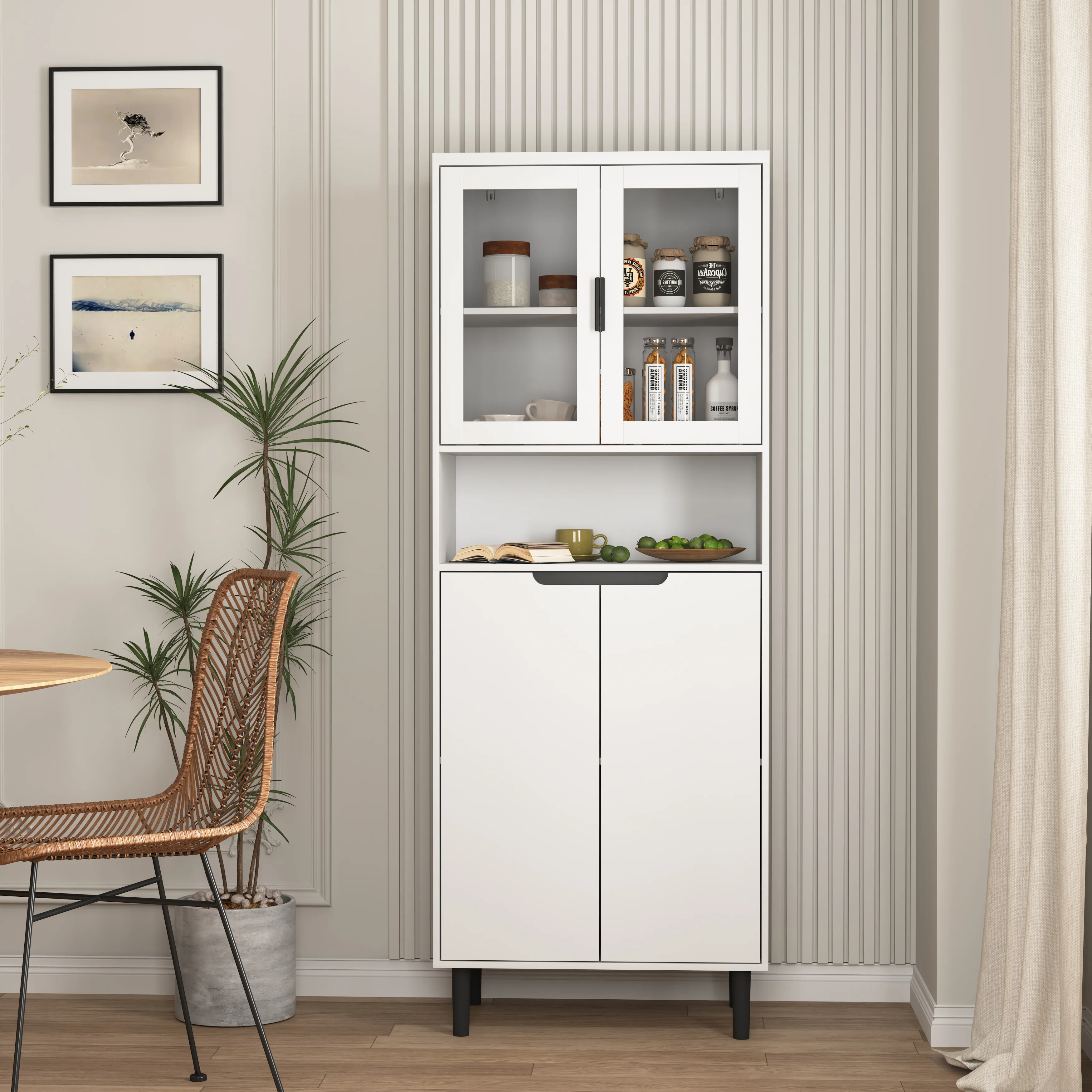 Tall Bookcase 4-Door Tempered Glass Adjustable Shelf - White
