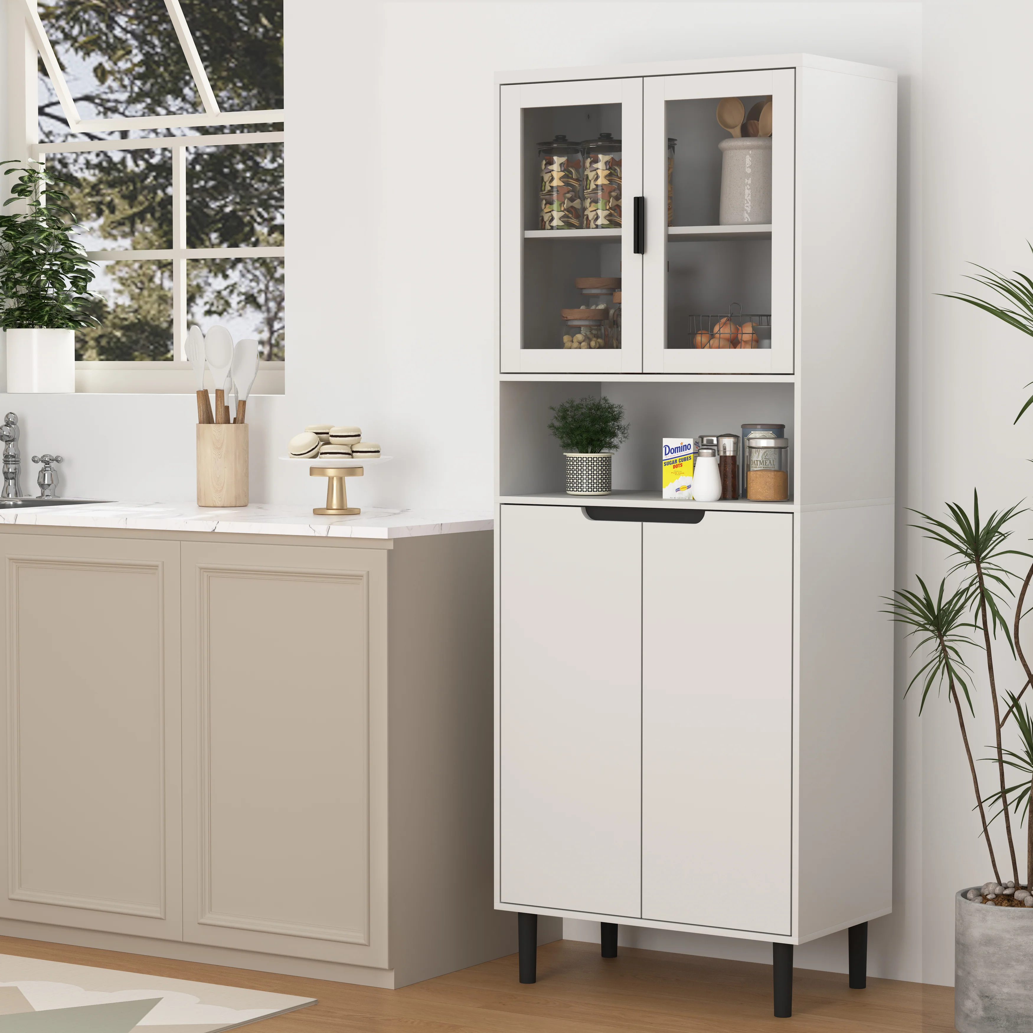 Tall Bookcase 4-Door Tempered Glass Adjustable Shelf - White - Image 3
