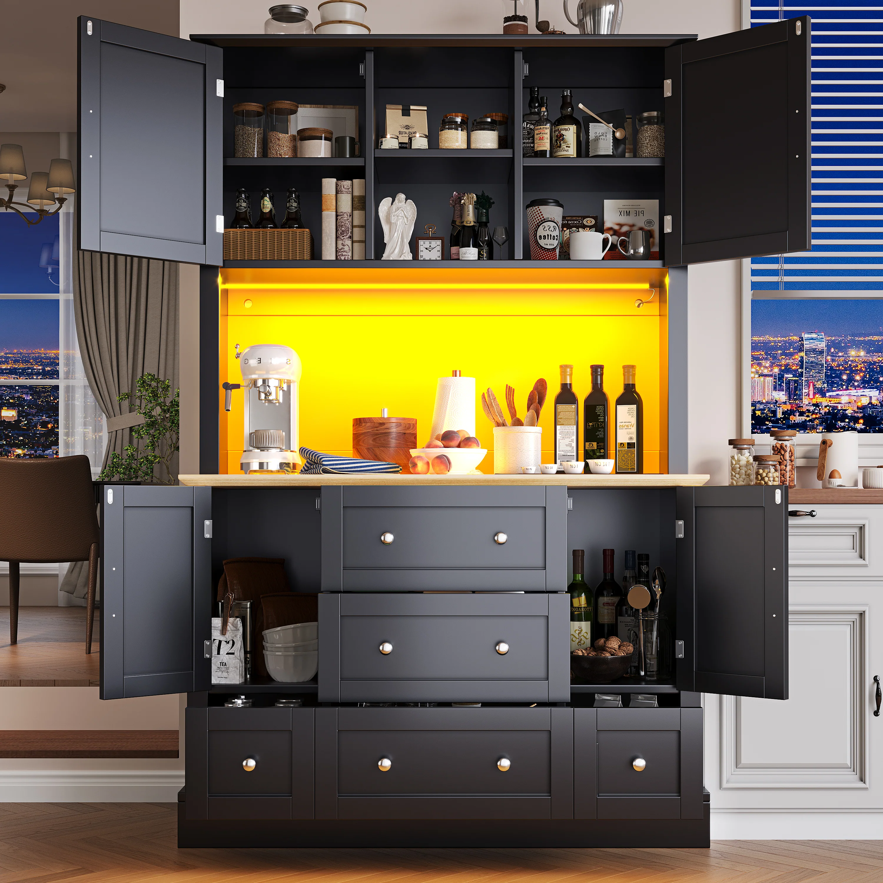 Tall Cabinet 115x180cm with LED App Control & Music, 4 Doors 5 Drawers Display Storage, Black - Image 2