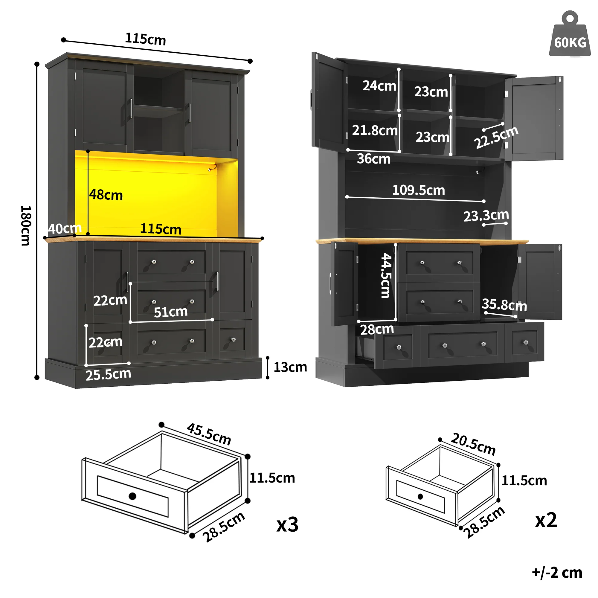 Tall Cabinet 115x180cm with LED App Control & Music, 4 Doors 5 Drawers Display Storage, Black - Image 3