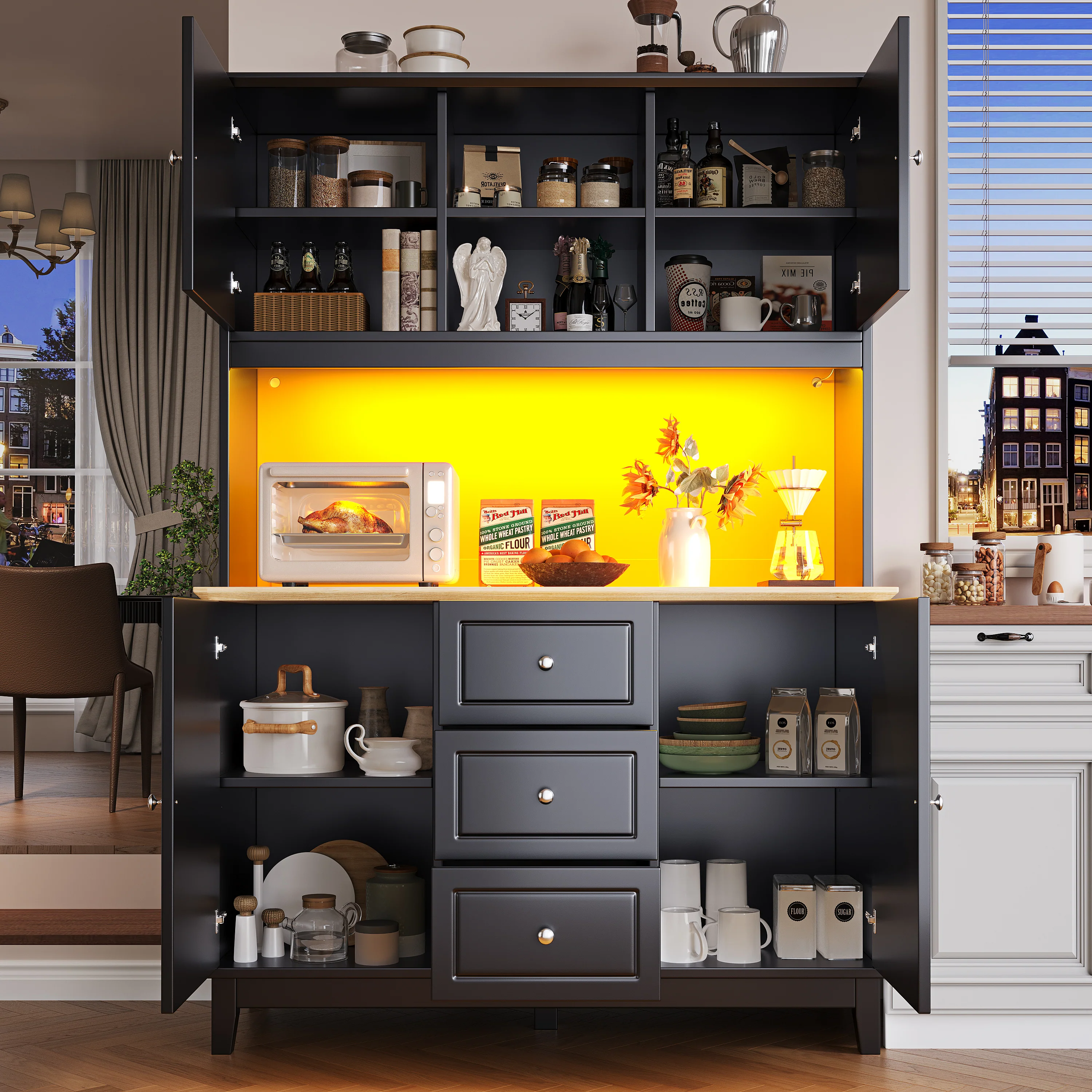 Tall Cabinet 120x40x180cm LED App Control 4 Doors 3 Drawers - Black - Image 2
