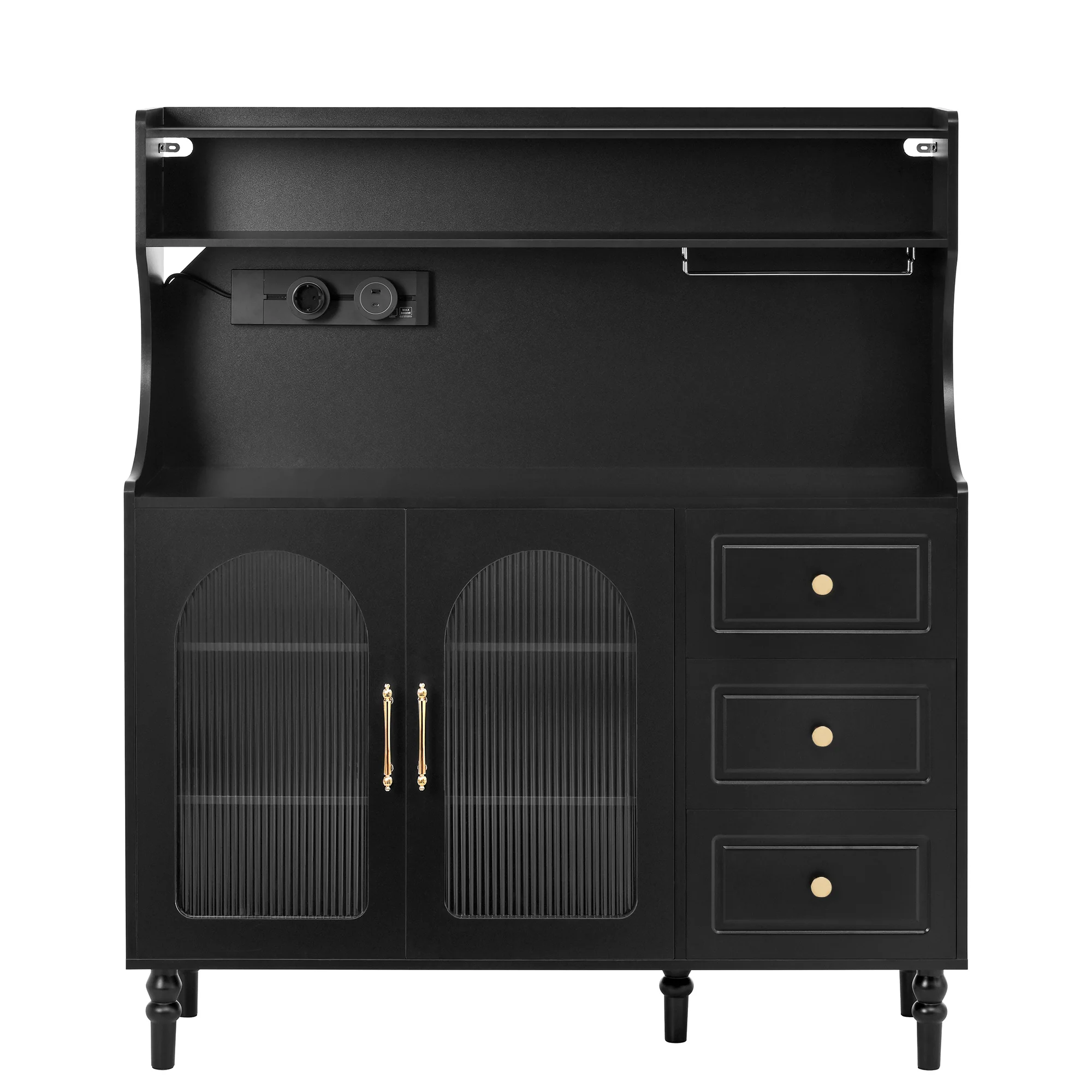 Tall Cabinet Bar Storage with Sockets, Wine Rack & Adjustable Shelves - Black - Image 10