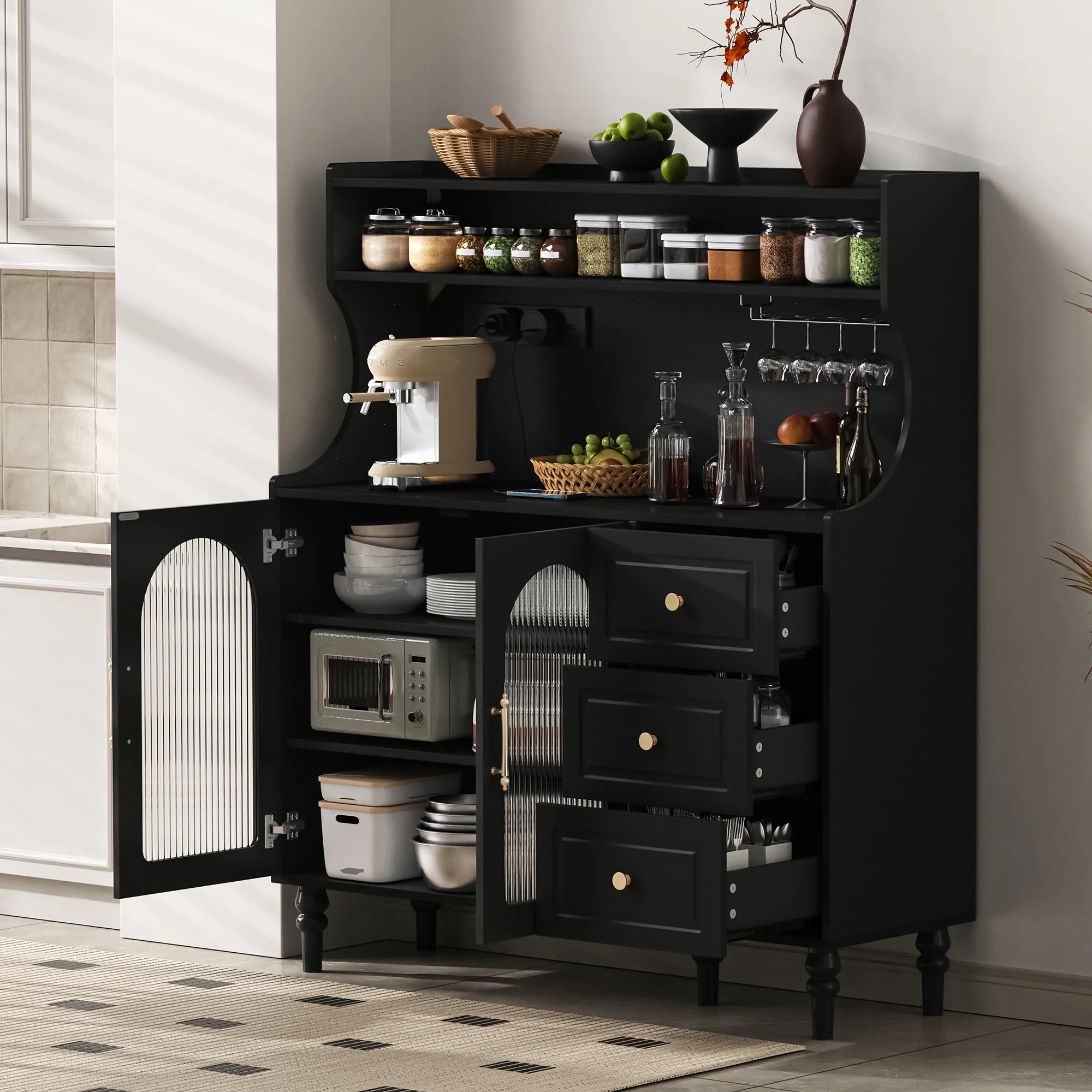 Tall Cabinet Bar Storage with Sockets, Wine Rack & Adjustable Shelves - Black - Image 2