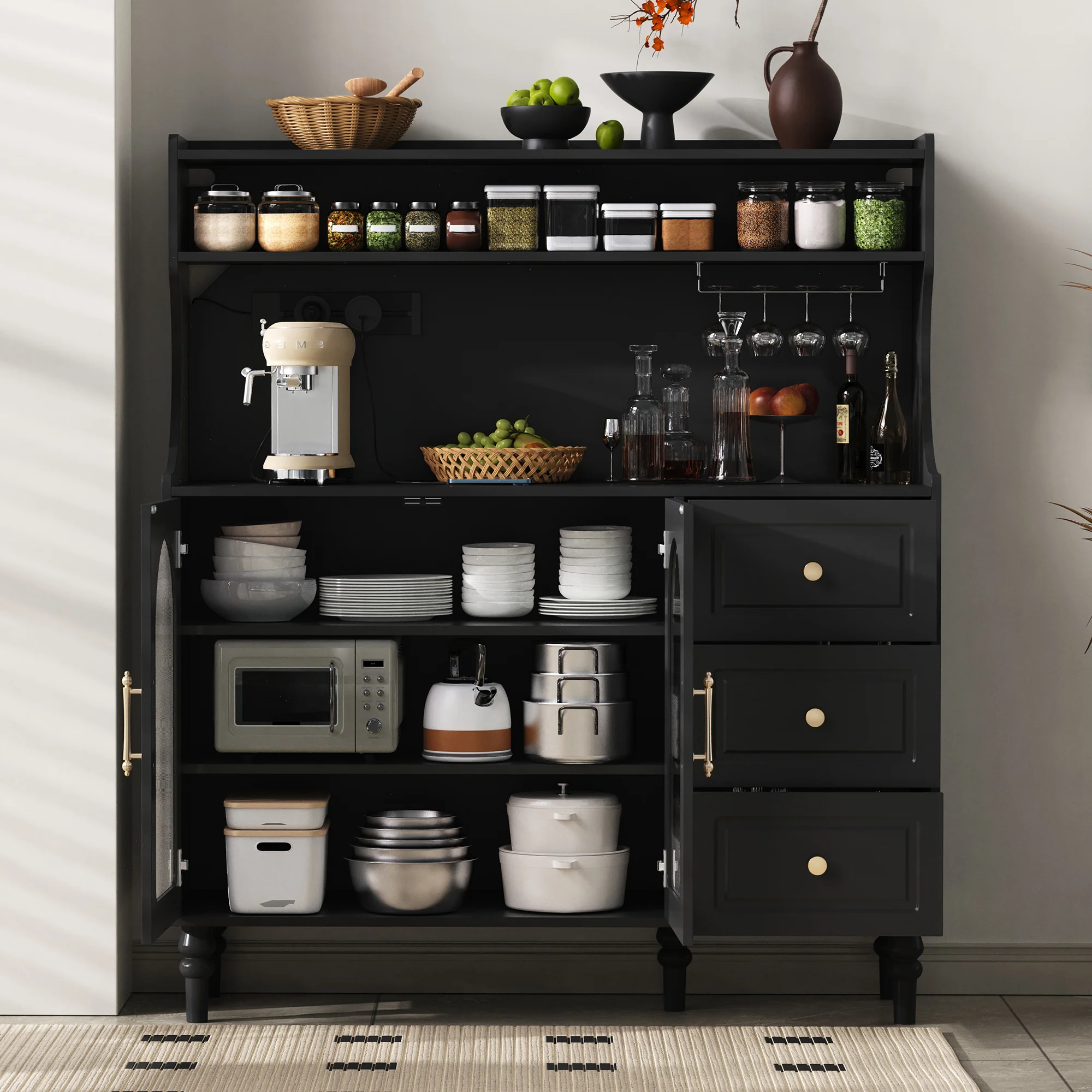 Tall Cabinet Bar Storage with Sockets, Wine Rack & Adjustable Shelves - Black - Image 3