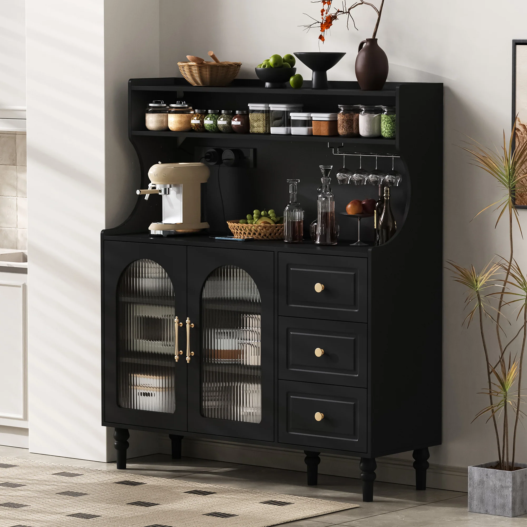 Tall Cabinet Bar Storage with Sockets, Wine Rack & Adjustable Shelves - Black - Image 4