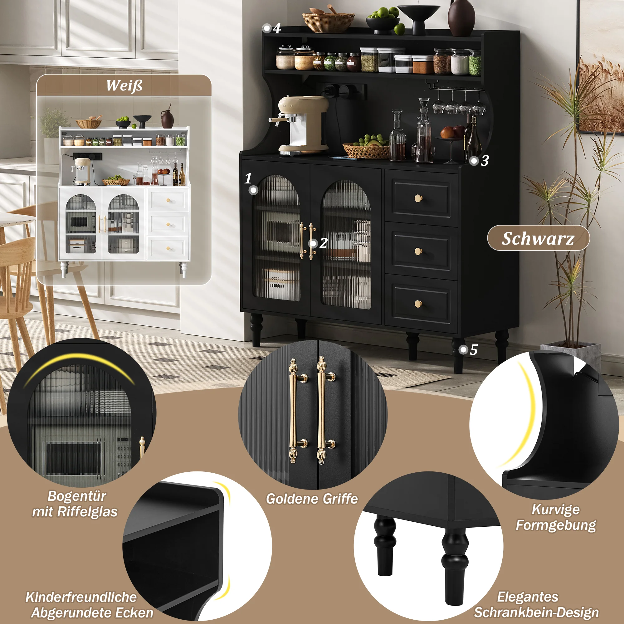 Tall Cabinet Bar Storage with Sockets, Wine Rack & Adjustable Shelves - Black - Image 6