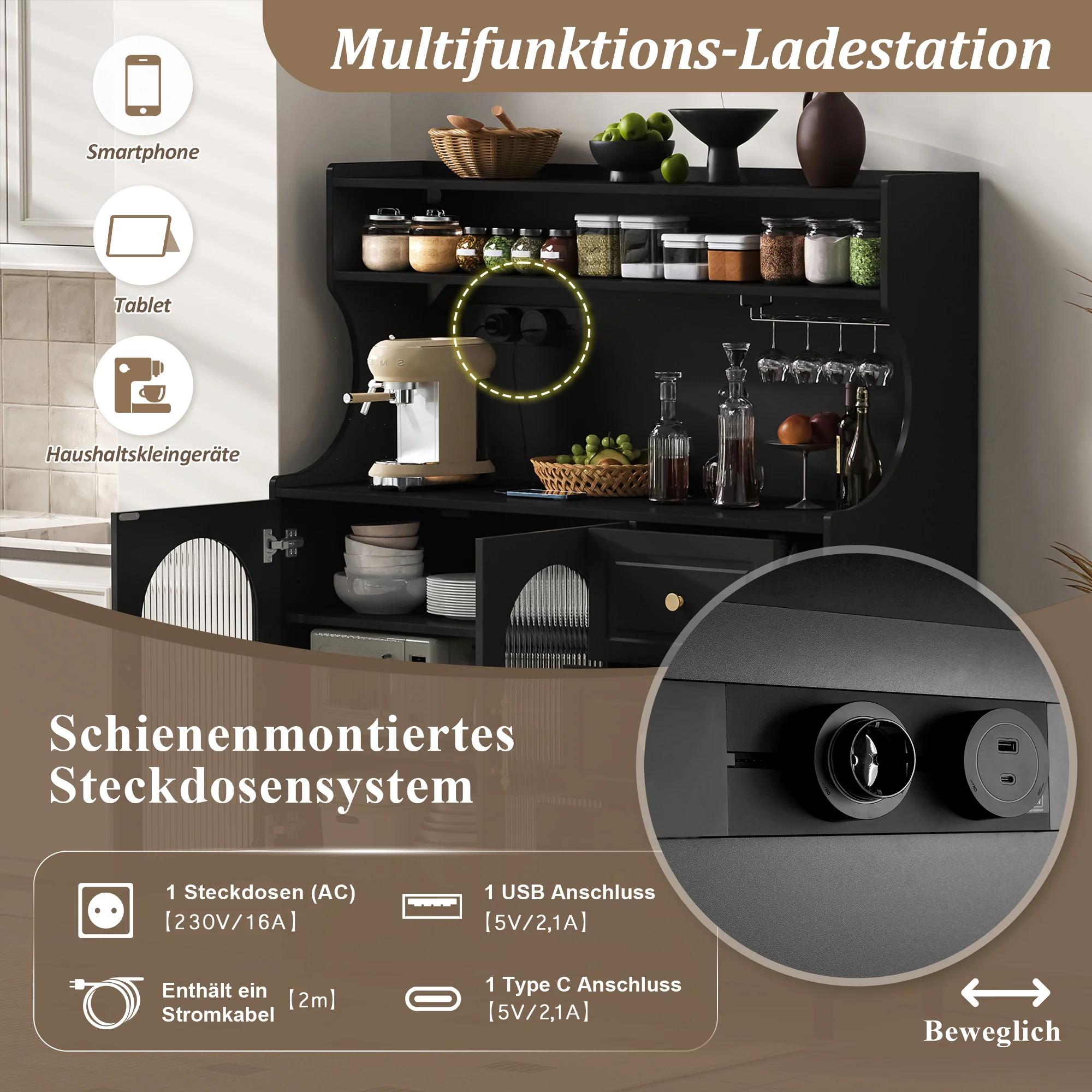 Tall Cabinet Bar Storage with Sockets, Wine Rack & Adjustable Shelves - Black - Image 8
