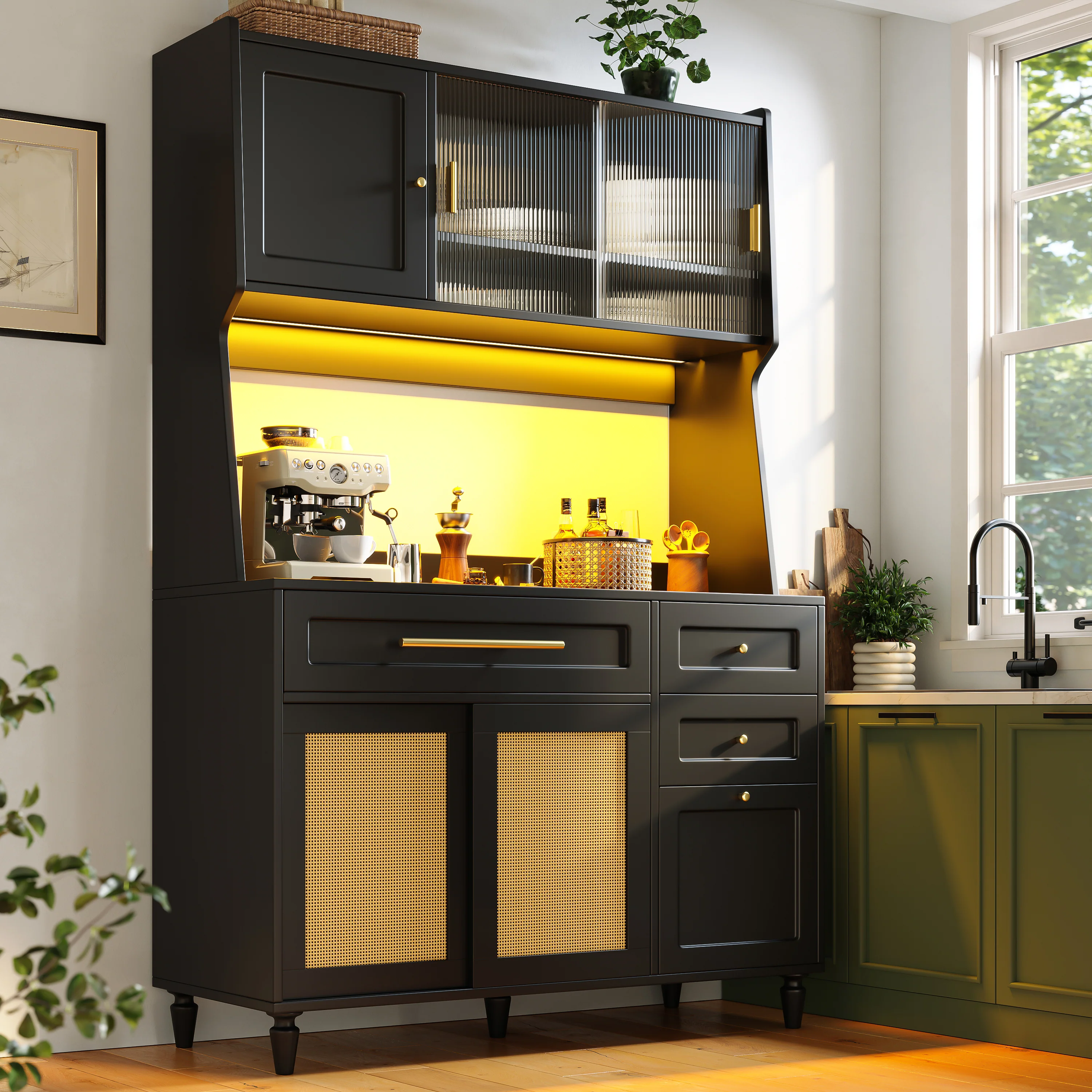 Tall Cabinet Buffet Display LED Rattan 3 Drawers - Black