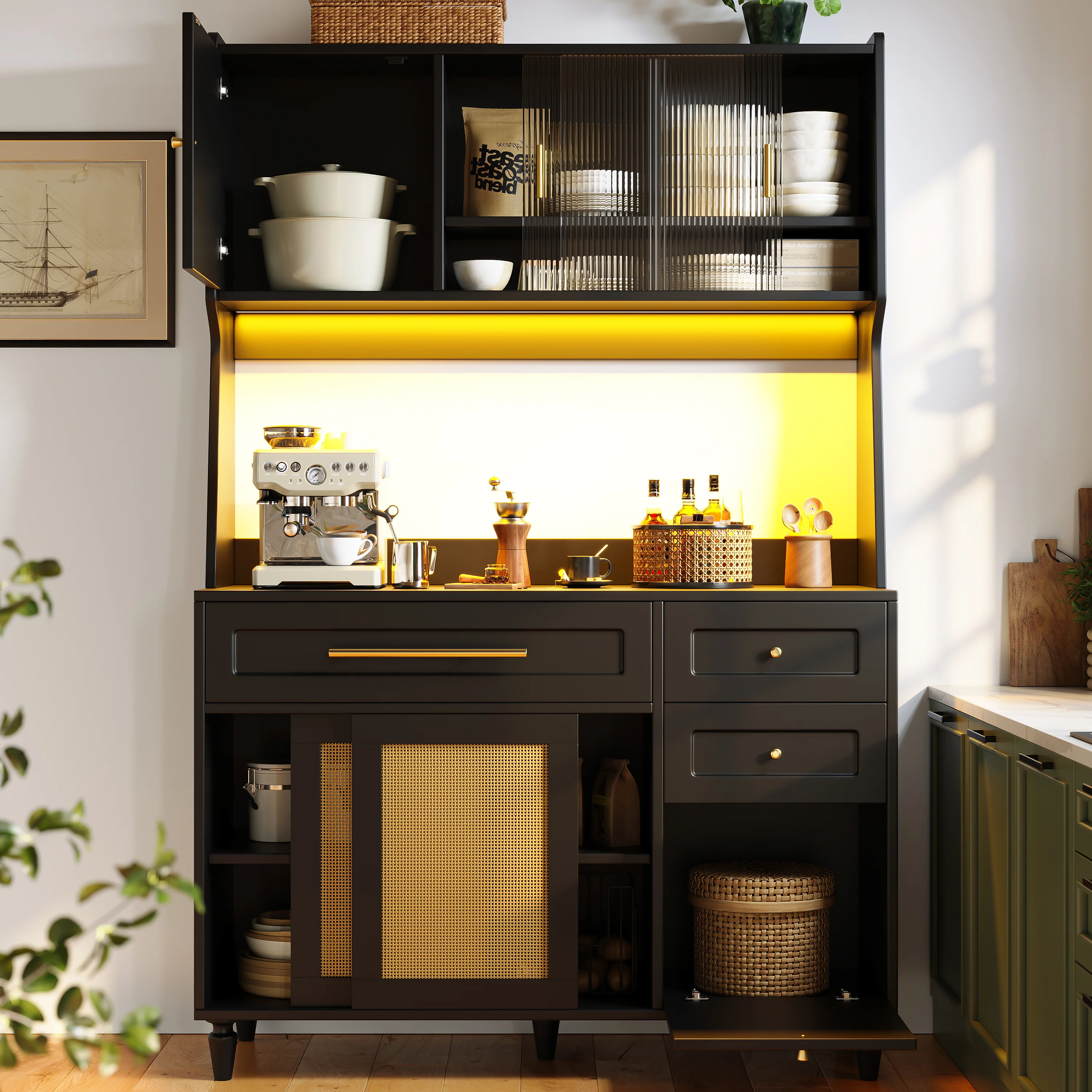 Tall Cabinet Buffet Display LED Rattan 3 Drawers - Black - Image 2