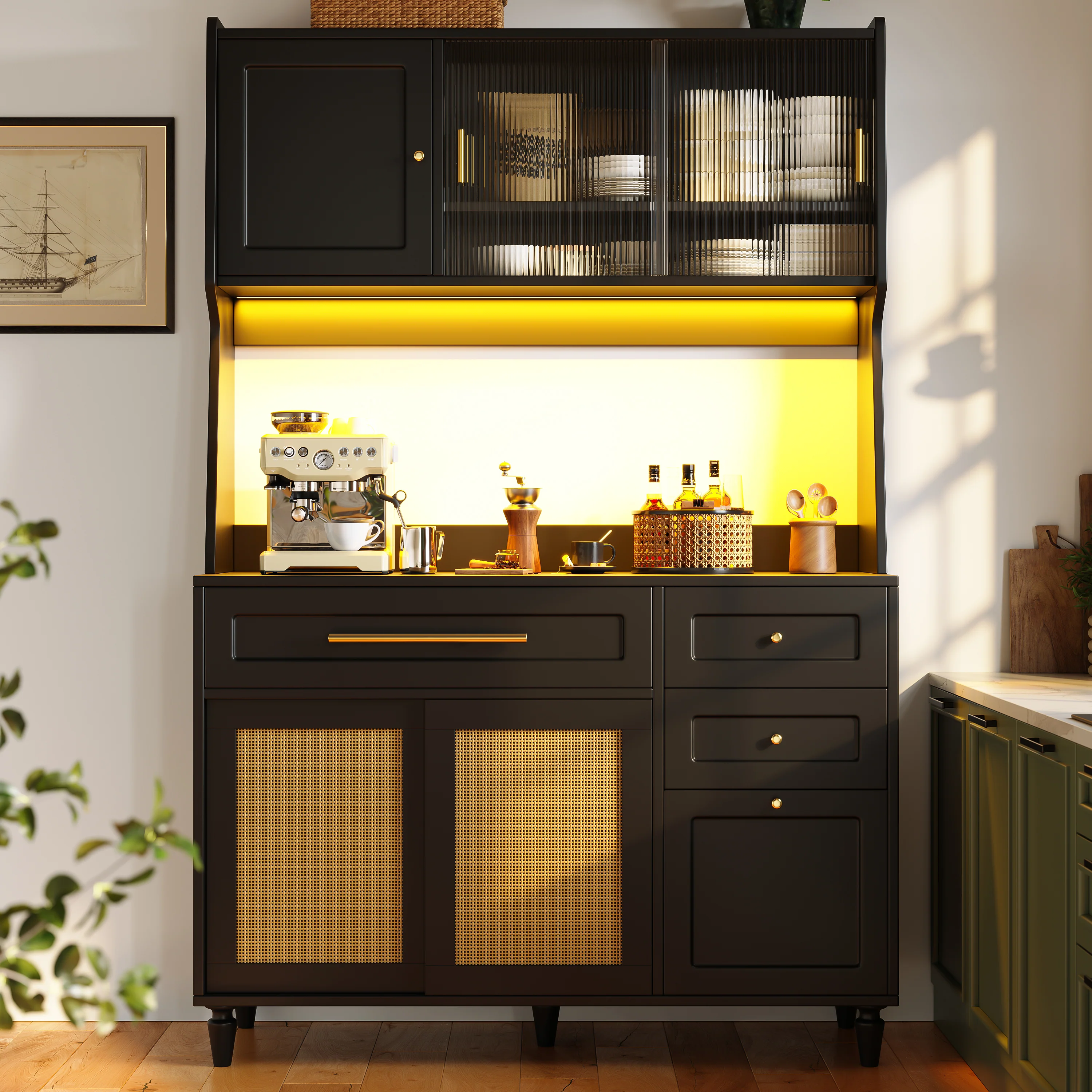 Tall Cabinet Buffet Display LED Rattan 3 Drawers - Black - Image 3