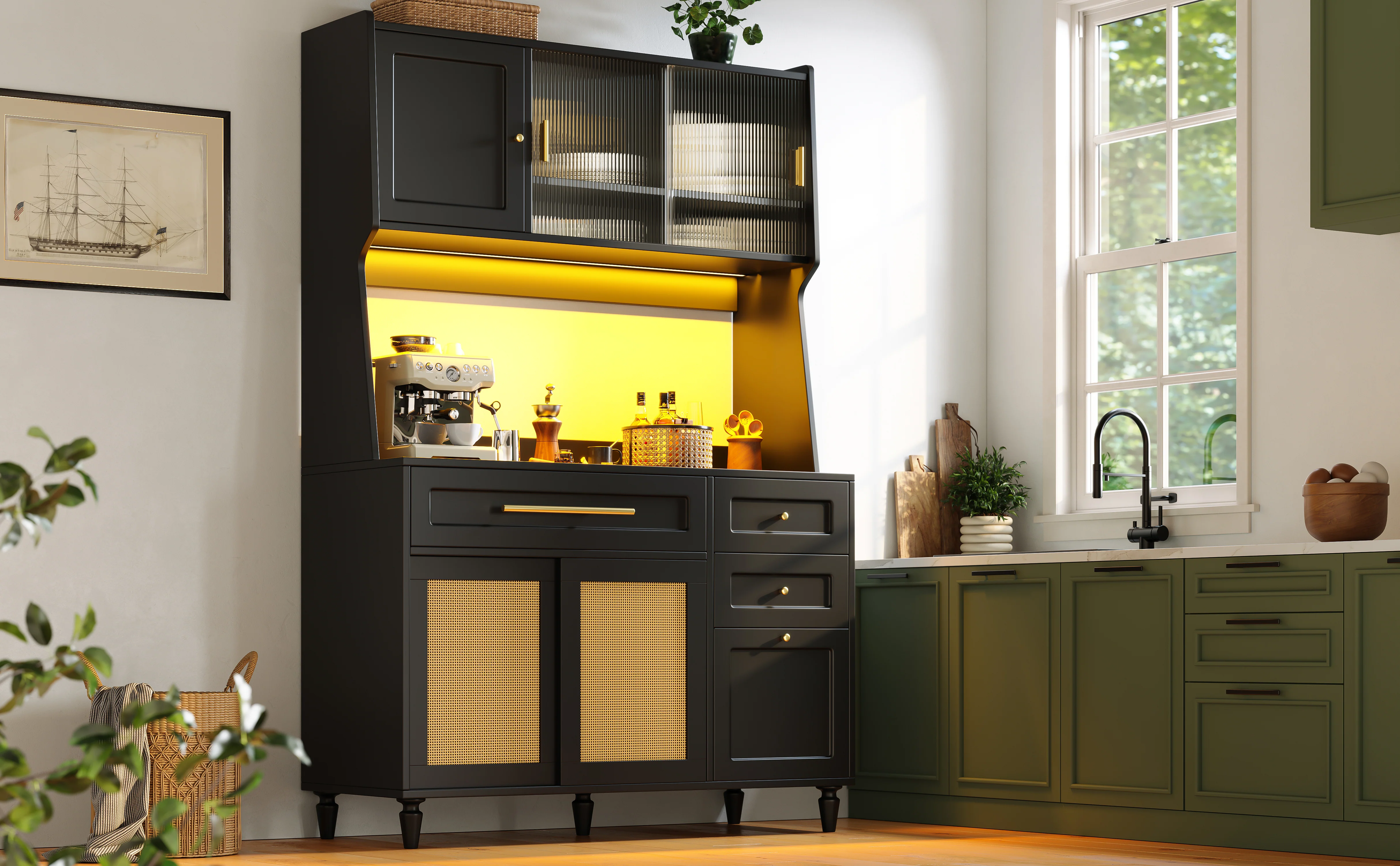 Tall Cabinet Buffet Display LED Rattan 3 Drawers - Black - Image 4