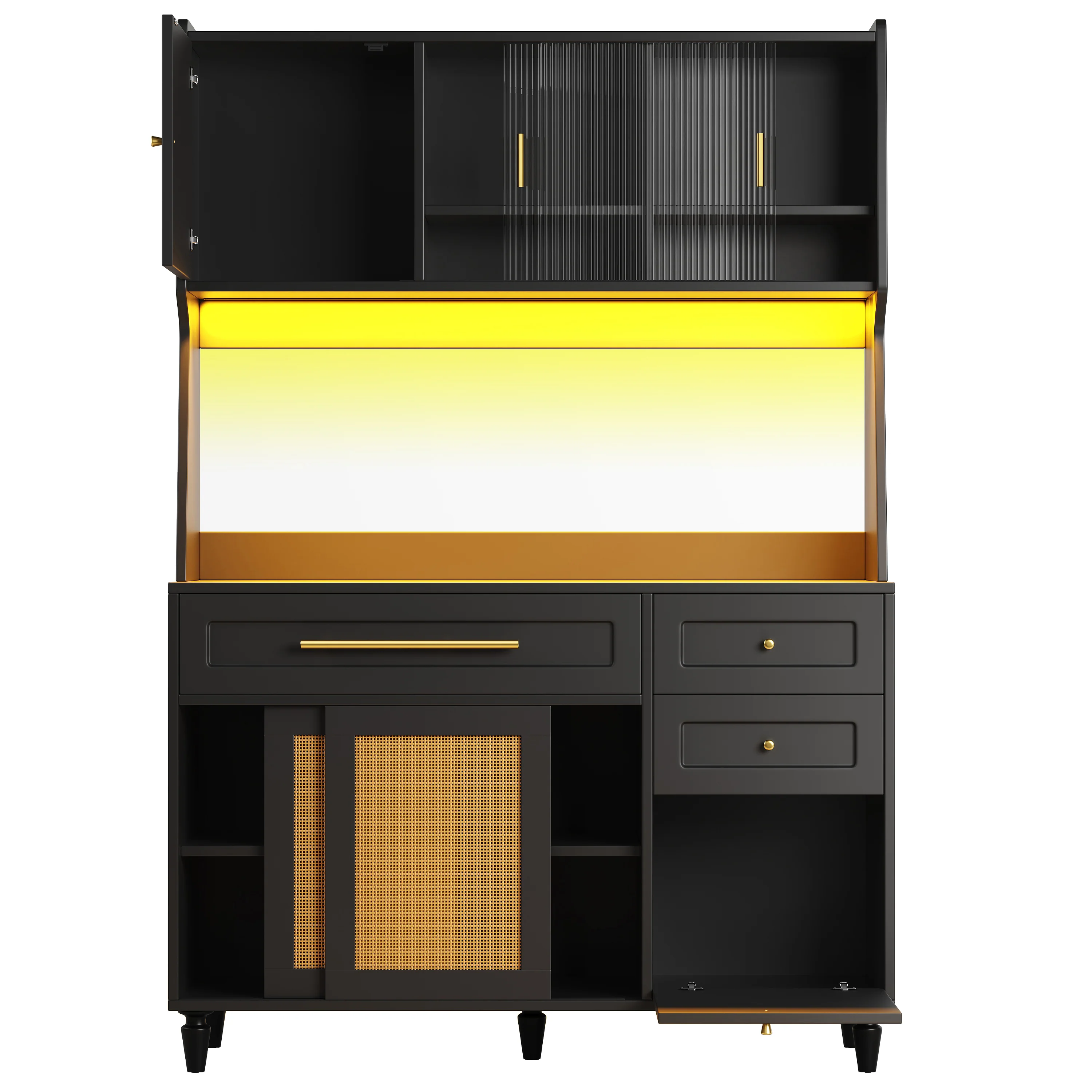 Tall Cabinet Buffet Display LED Rattan 3 Drawers - Black - Image 7