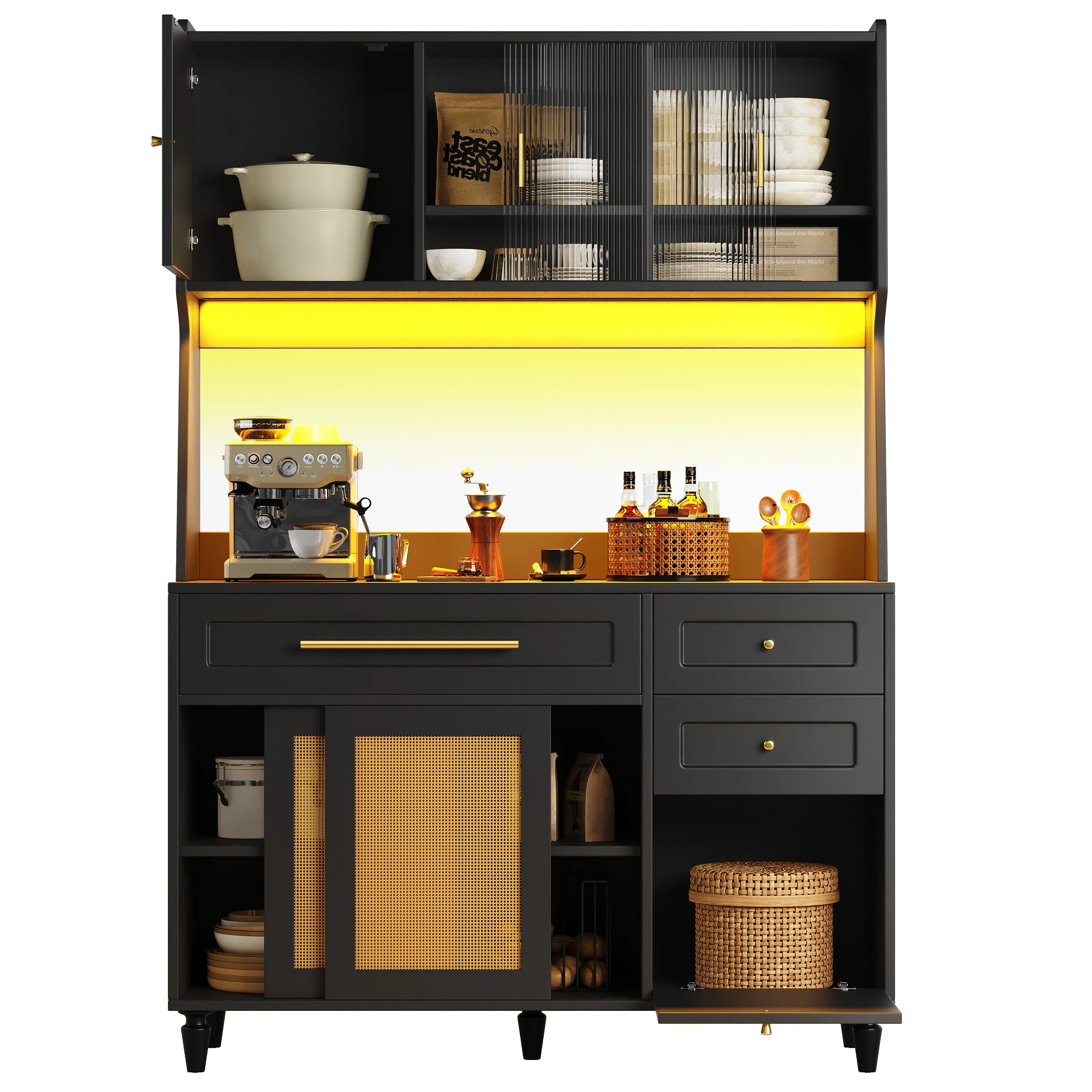 Tall Cabinet Buffet Display LED Rattan 3 Drawers - Black - Image 8