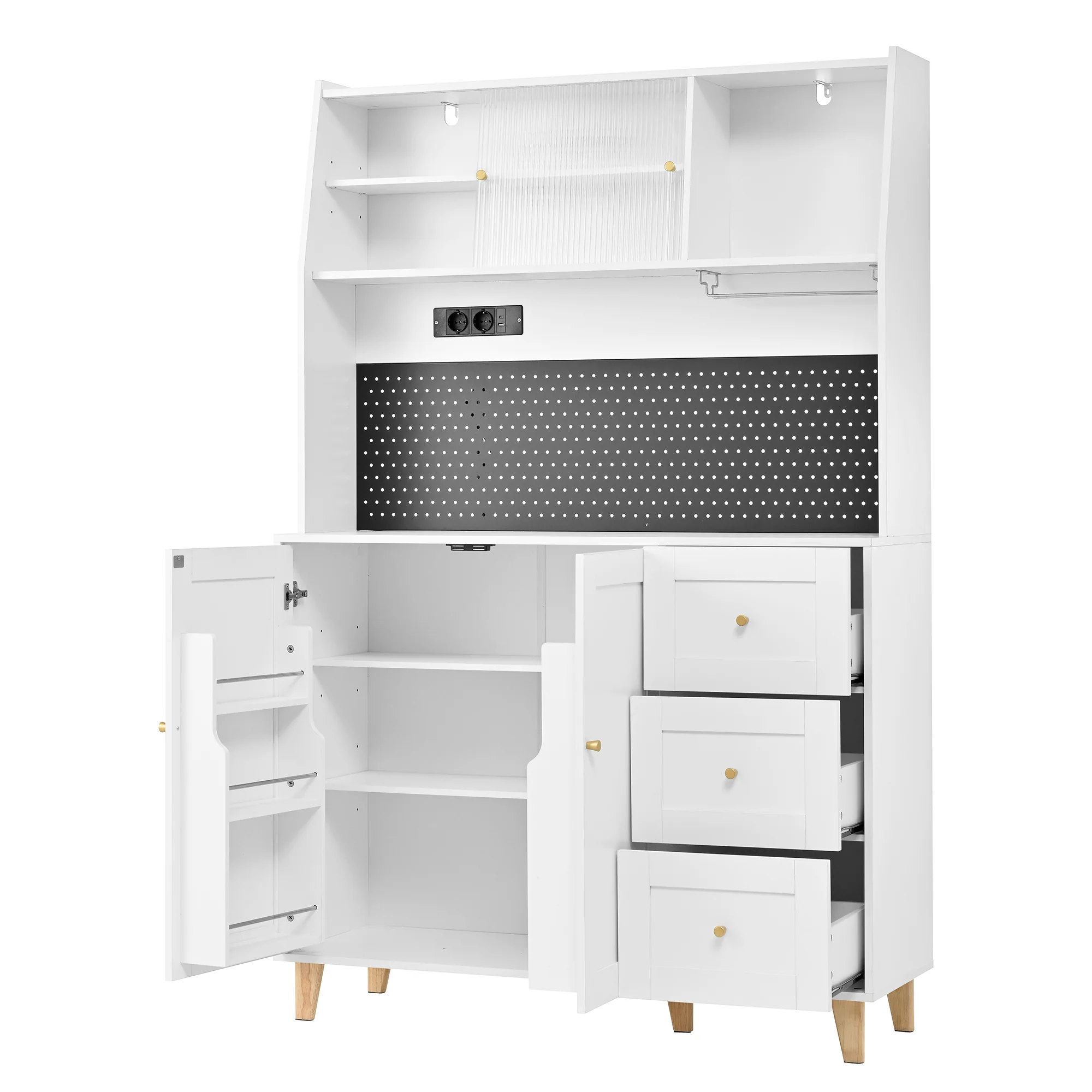 Tall Cabinet Pegboard Wine Glass Holders Sockets Storage Drawers - White - Image 10