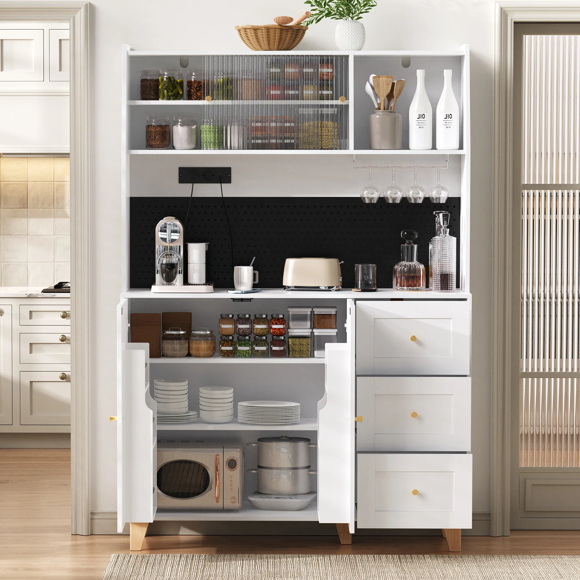 Tall Cabinet Pegboard Wine Glass Holders Sockets Storage Drawers - White - Image 2