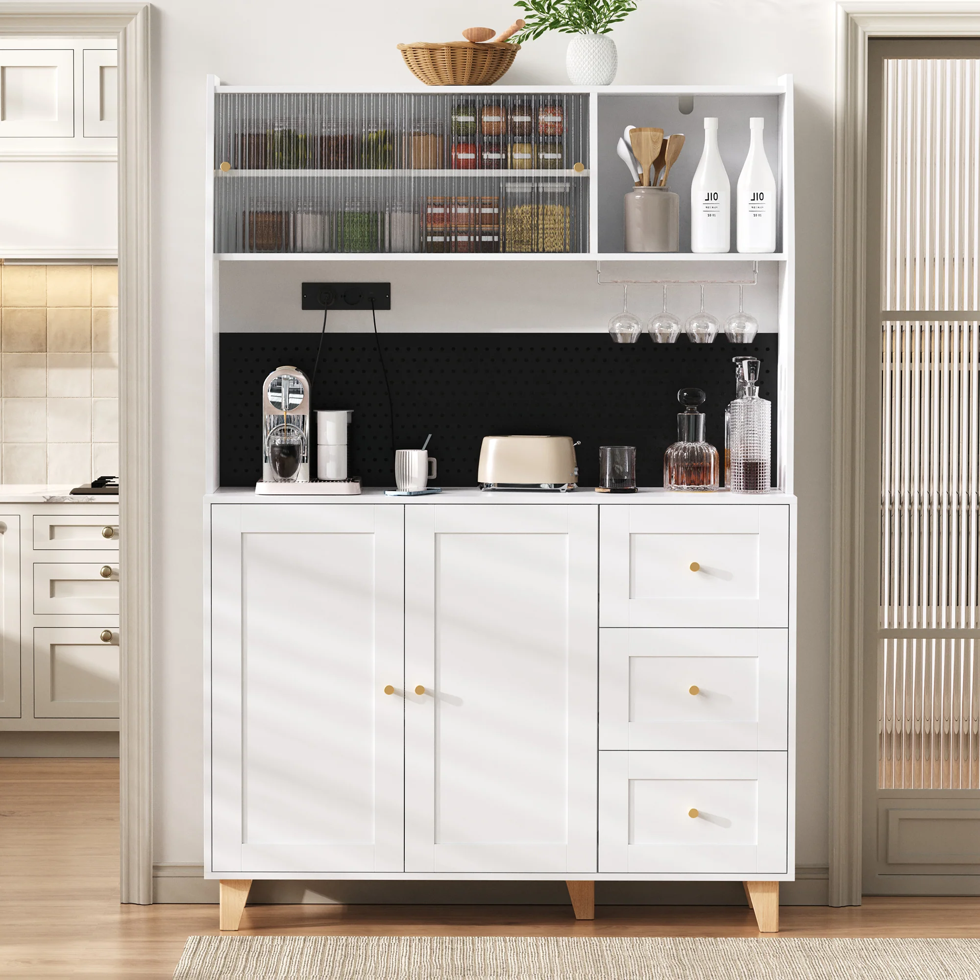 Tall Cabinet Pegboard Wine Glass Holders Sockets Storage Drawers - White - Image 3