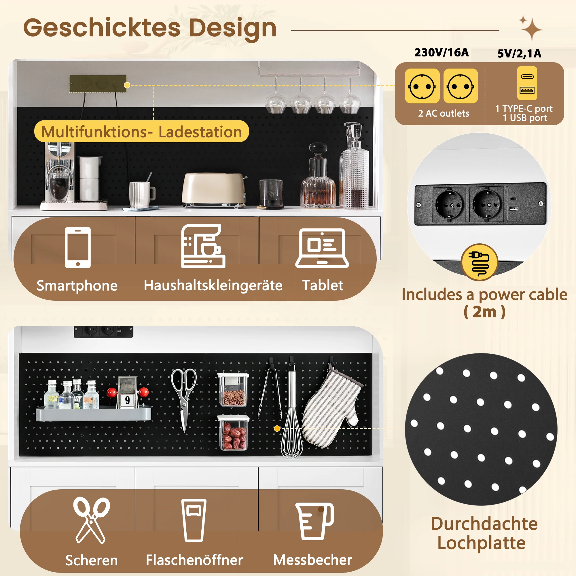 Tall Cabinet Pegboard Wine Glass Holders Sockets Storage Drawers - White - Image 7