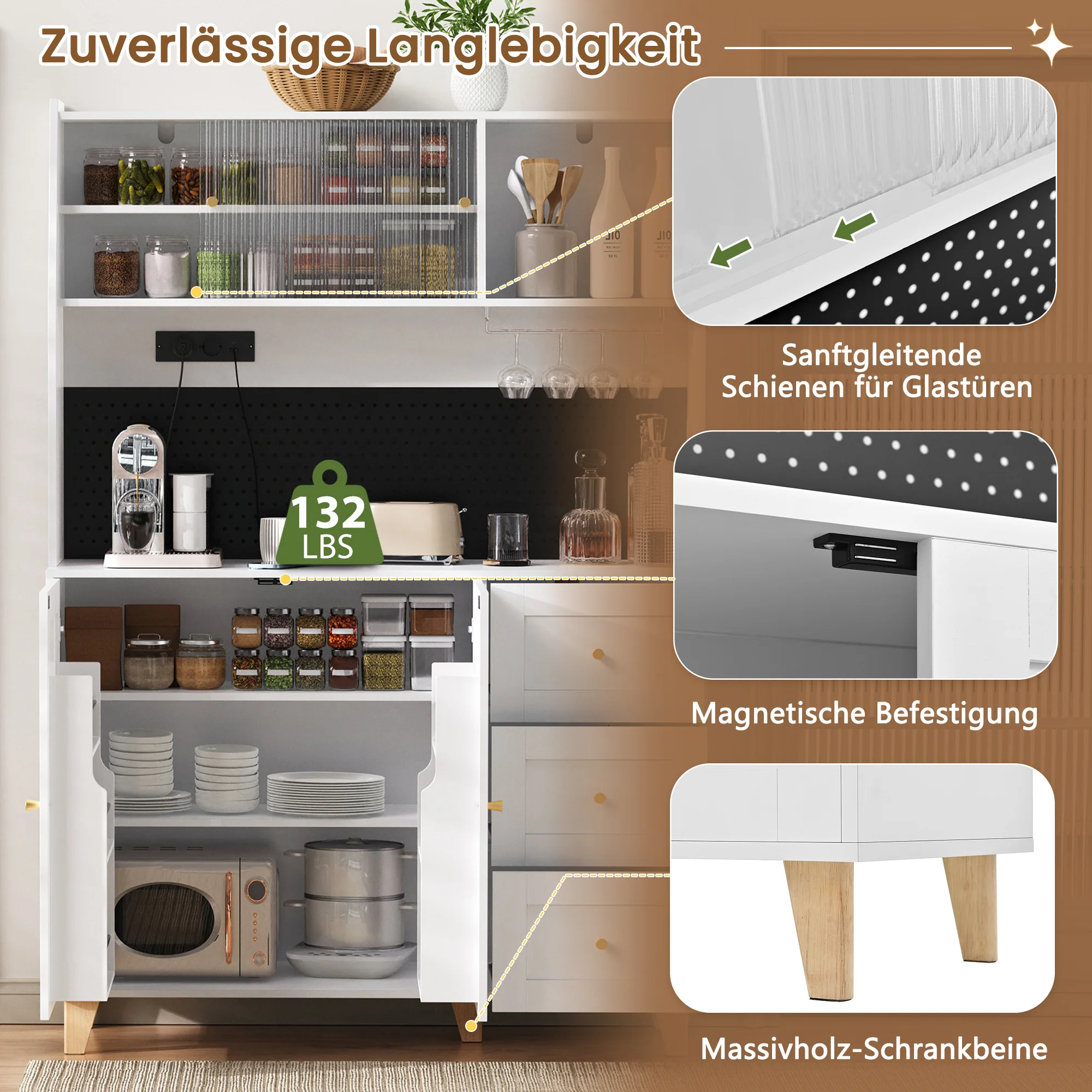 Tall Cabinet Pegboard Wine Glass Holders Sockets Storage Drawers - White - Image 9