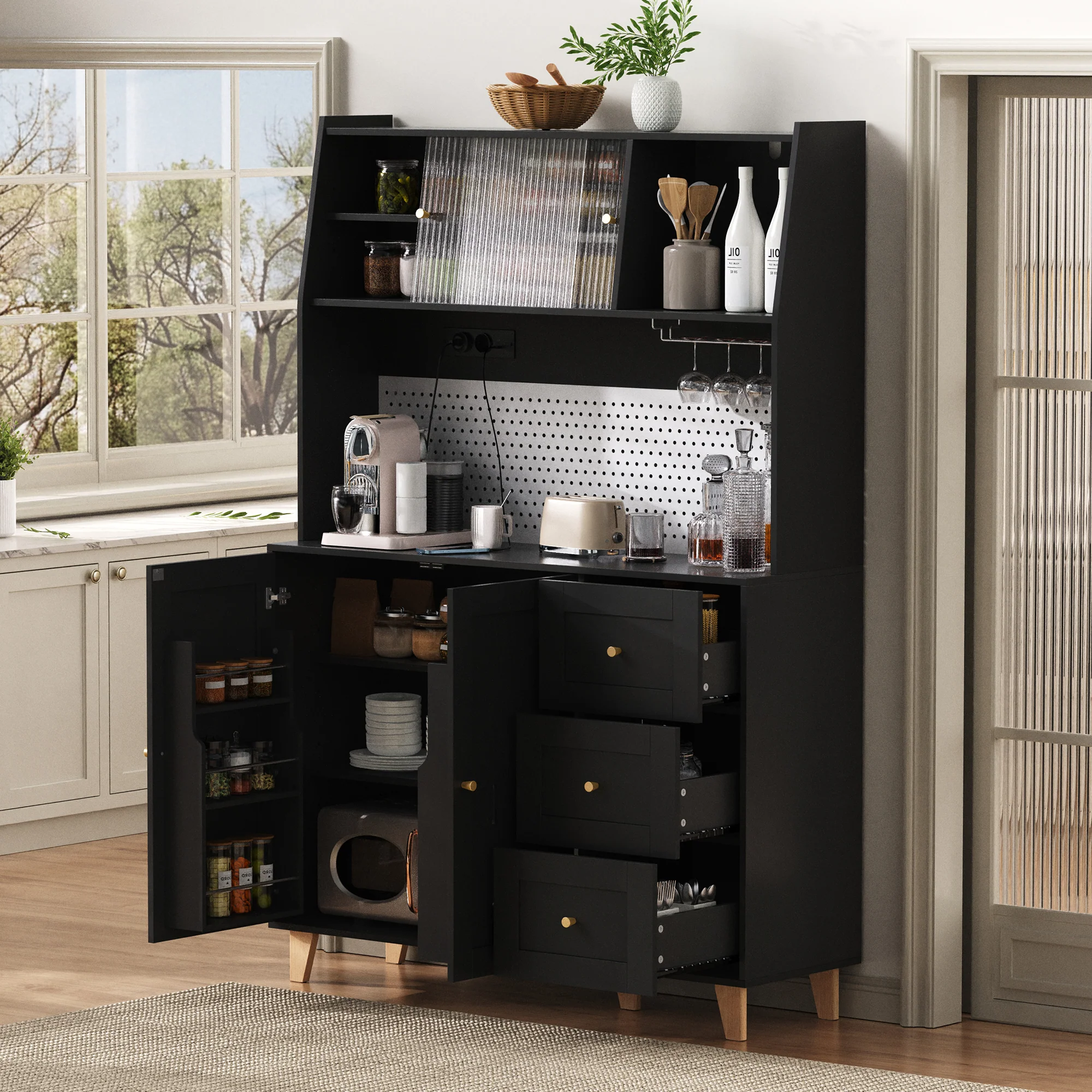 Tall Cabinet Pegboard Wine Storage Drawers & Sockets - Black