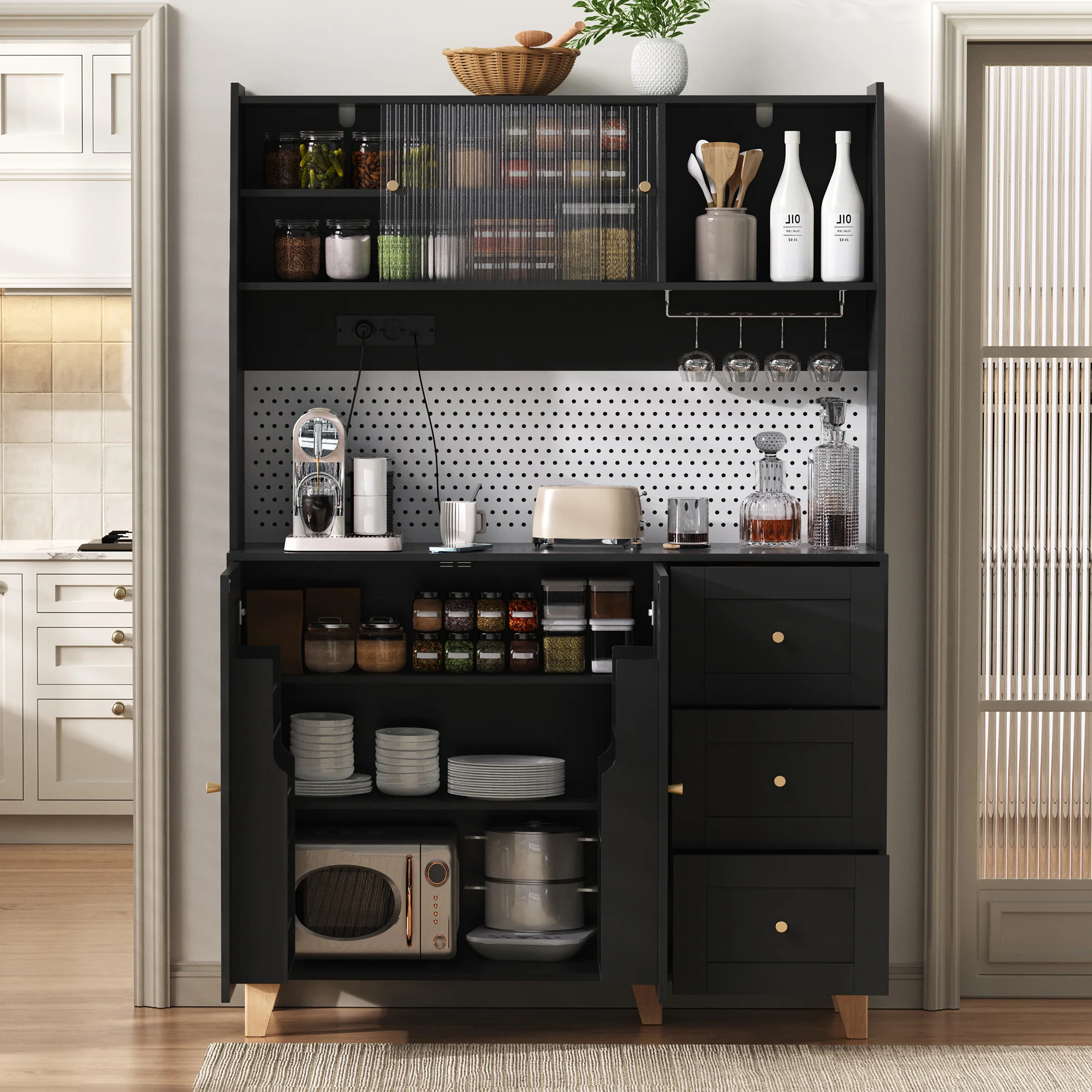 Tall Cabinet Pegboard Wine Storage Drawers & Sockets - Black - Image 2
