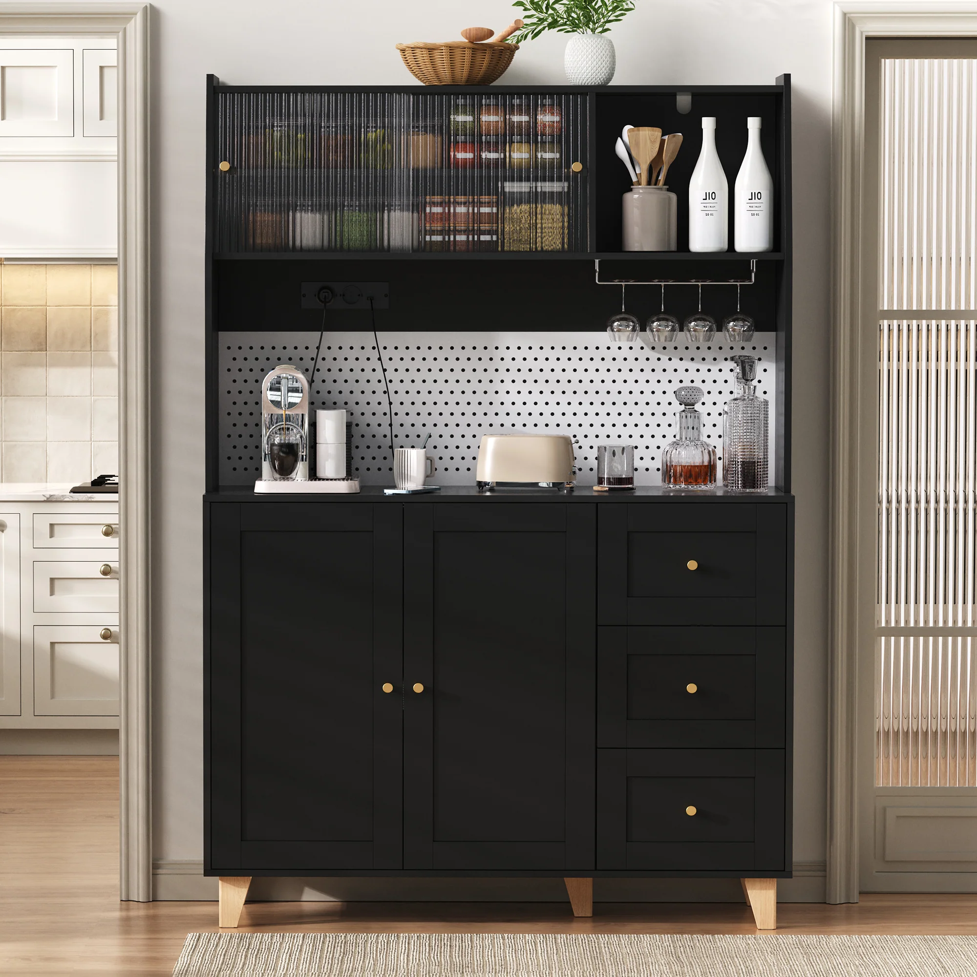 Tall Cabinet Pegboard Wine Storage Drawers & Sockets - Black - Image 3